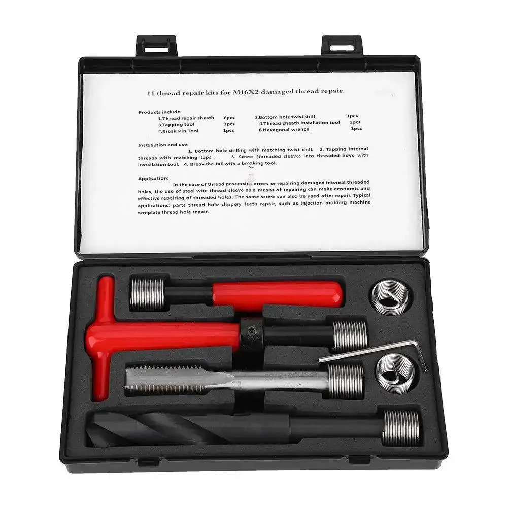 M16x2 Stainless Steel Thread Repair Kit, 11 Piece Set With Twist Drill, Tap Wrench, Hex Wrench, Breaker Tool And Handy Storage Box For Aluminum And Metal Threads, Heavy Duty Fix For Stripped Holes