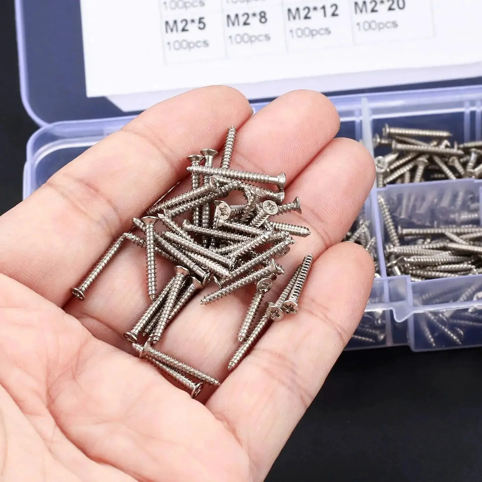 M2 Flat Head Self Tapping Screws Set For Woodworking, Nickel Plated Carbon Steel, Cross Drive, Rust Resistant, High Hardness, Pro Grade, Heavy Duty Assorted Kit With 4 5 6 8 10 12 16 20 Millimeter Lengths, 800 Pieces - Image 5