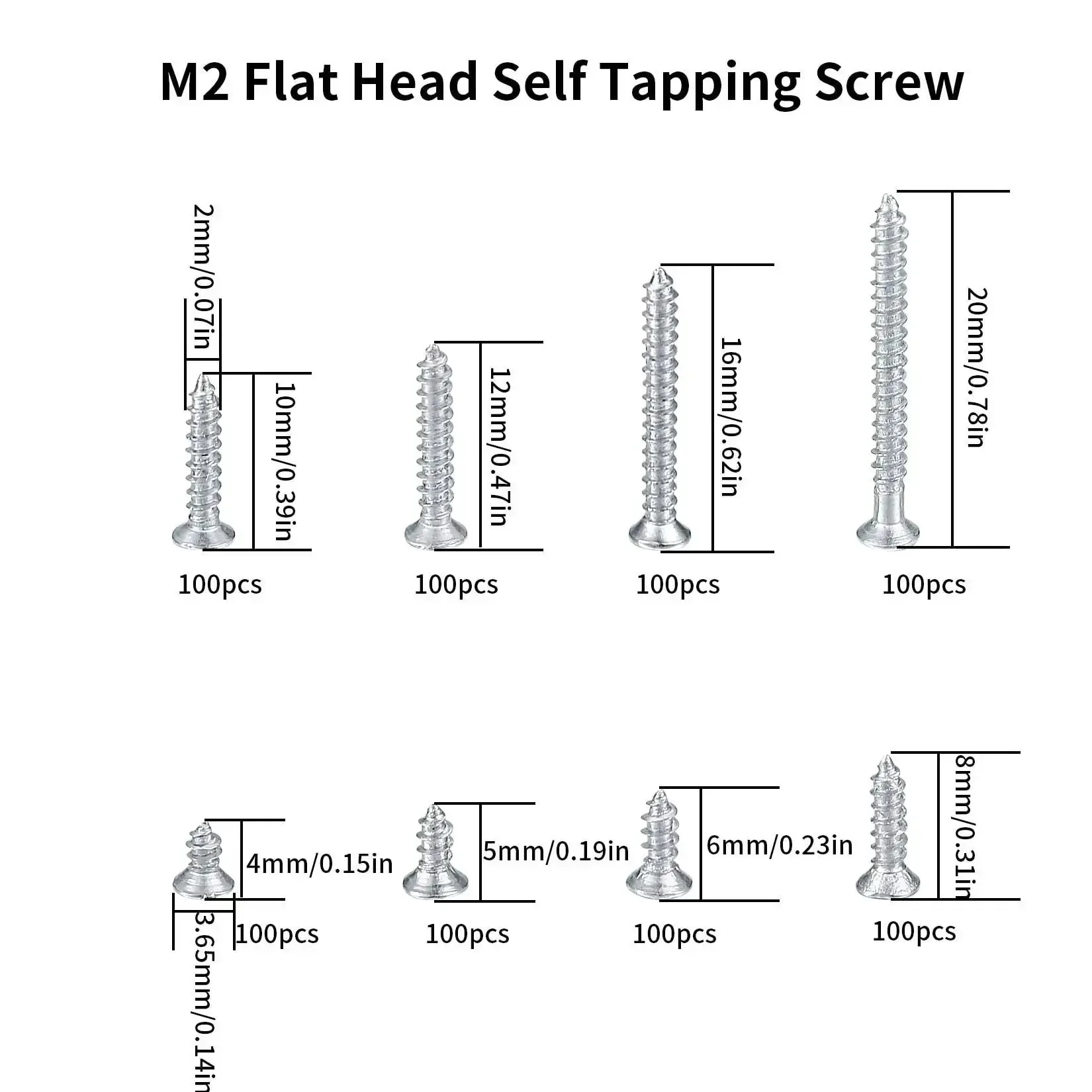 M2 Flat Head Self Tapping Screws Set For Woodworking, Nickel Plated Carbon Steel, Cross Drive, Rust Resistant, High Hardness, Pro Grade, Heavy Duty Assorted Kit With 4 5 6 8 10 12 16 20 Millimeter Lengths, 800 Pieces - Image 7