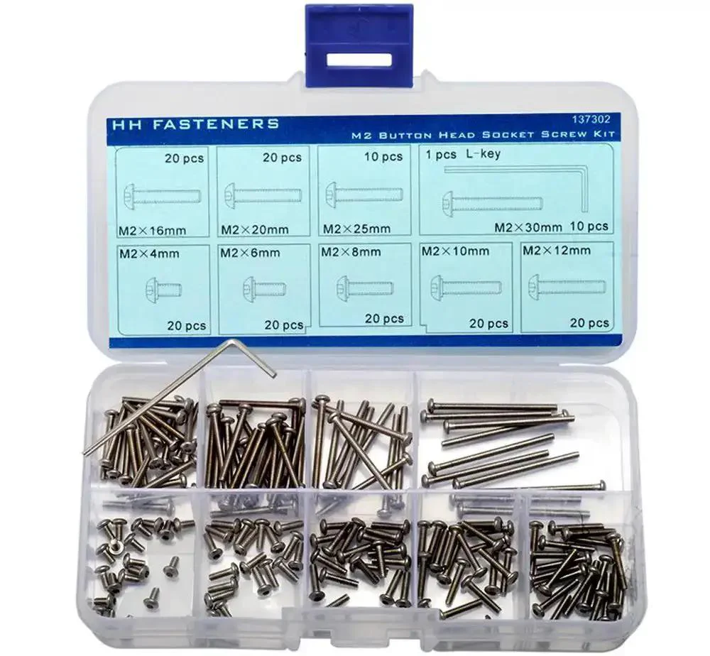 M2 Hex Socket Button Head Screws Set In Stainless Steel With L Key Drive Full Thread Right Hand Metric Assortment Kit 9 Lengths From M2x4 To M2x30mm 160 Pieces Portable Plastic Organizer