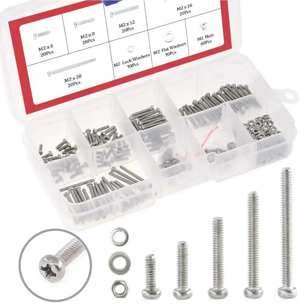 M2 Phillips Pan Head Screws Kit With Nuts, Lock Washers, And 304 Stainless Steel, 300-Piece Assortment For Electronics, DIY Projects, And Small Hardware Repairs