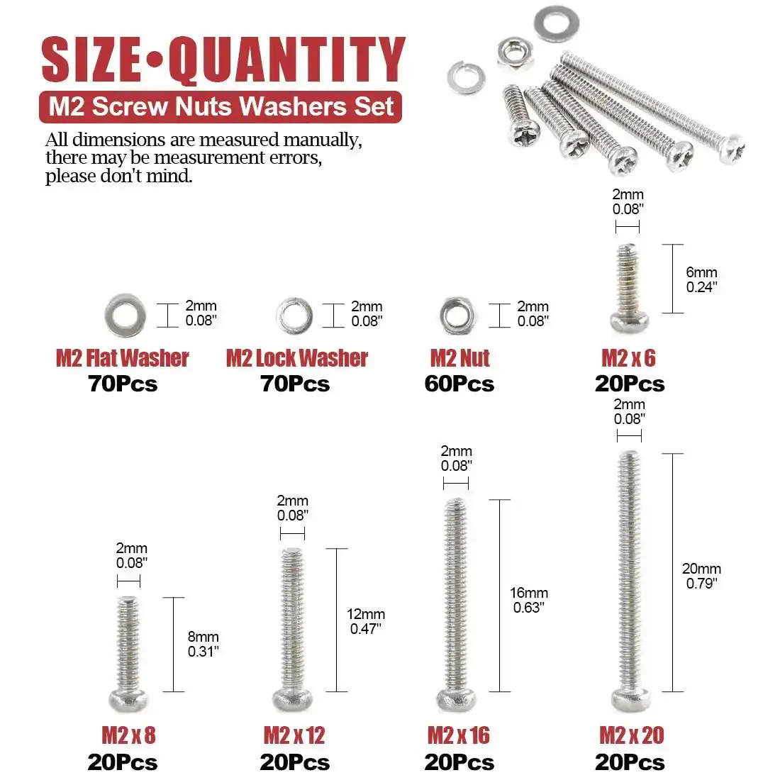 M2 Phillips Pan Head Screws Kit With Nuts, Lock Washers, And 304 Stainless Steel, 300-Piece Assortment For Electronics, DIY Projects, And Small Hardware Repairs - Image 7