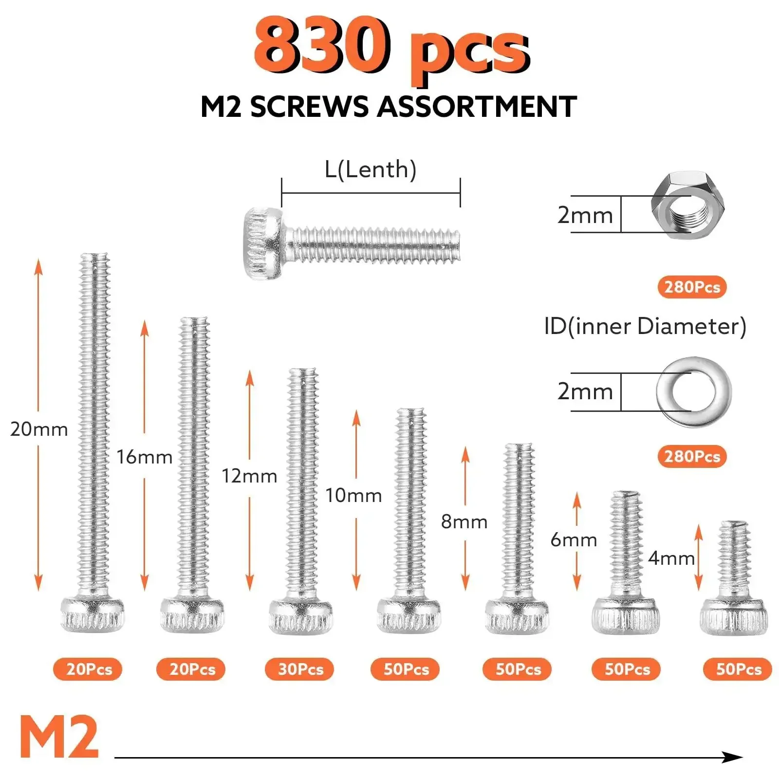 M2 Screws Assortment Kit With 304 Stainless Steel Hex Socket Head Screws, Nuts, Bolts, And Washers In M2x4mm To M2x20mm, Perfect For Furniture Fixes, Car Repairs, 3D Printer Builds, And DIY Projects - Image 7