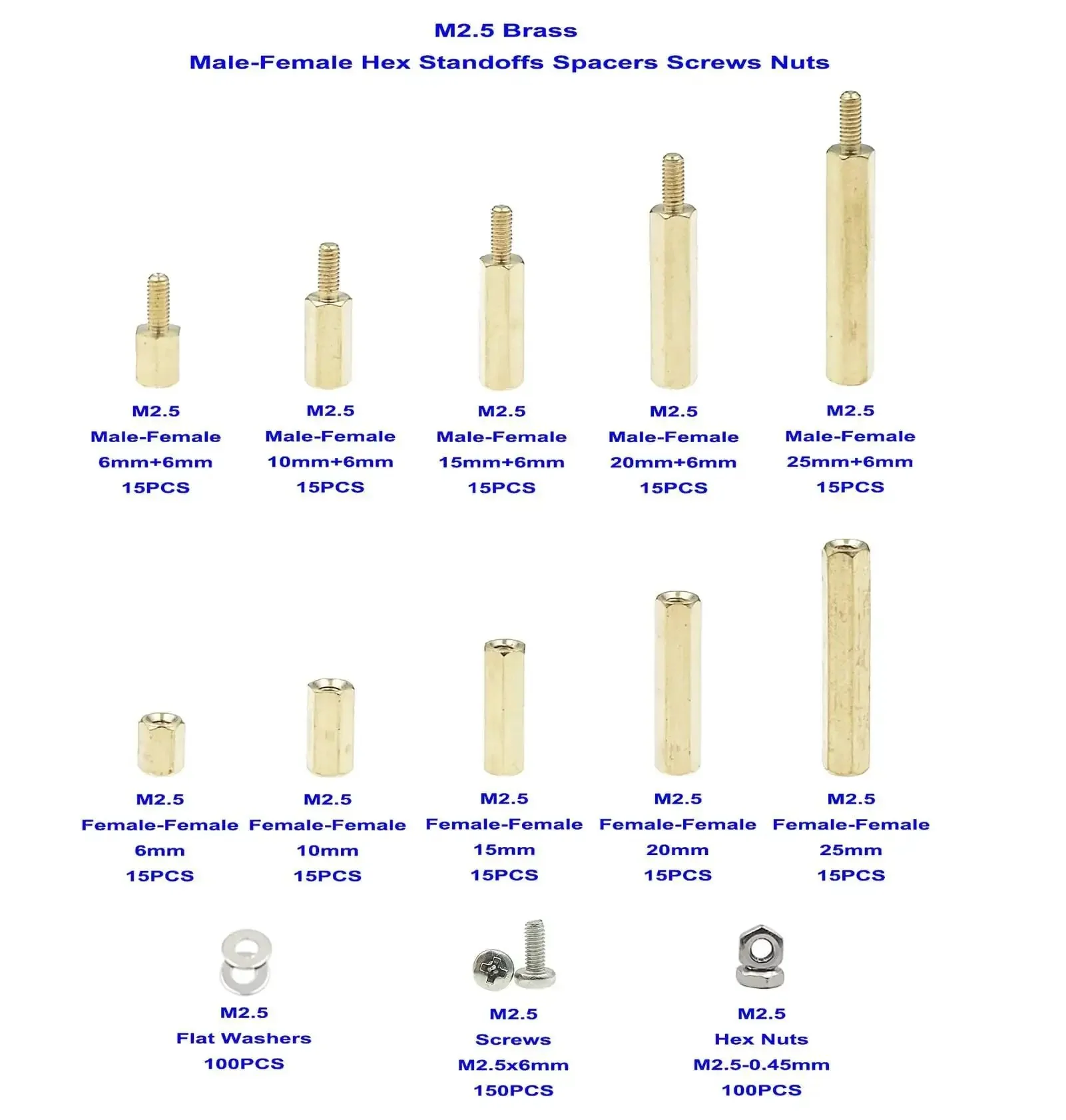 M2.5 Brass Hex Standoffs Spacers Kit With Male And Female Threads 500 Piece Assortment Of Screws Nuts Washers And Flat Washers For Diy Electronics Projects Great For Hobbyists And Builders Includes Lengths From 6mm To 25mm - Image 5