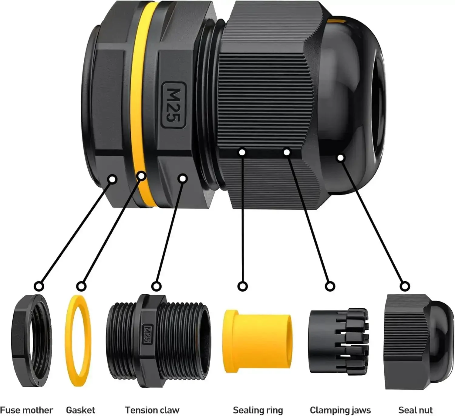 M25 Cable Gland 1.5 Thread Black IP68 Waterproof Connector With Plastic Locknut For 4 To 14mm Cables, Adjustable PG9 PG16 Seals, Durable PC And PA66 Nylon, 10 Pack - Image 5