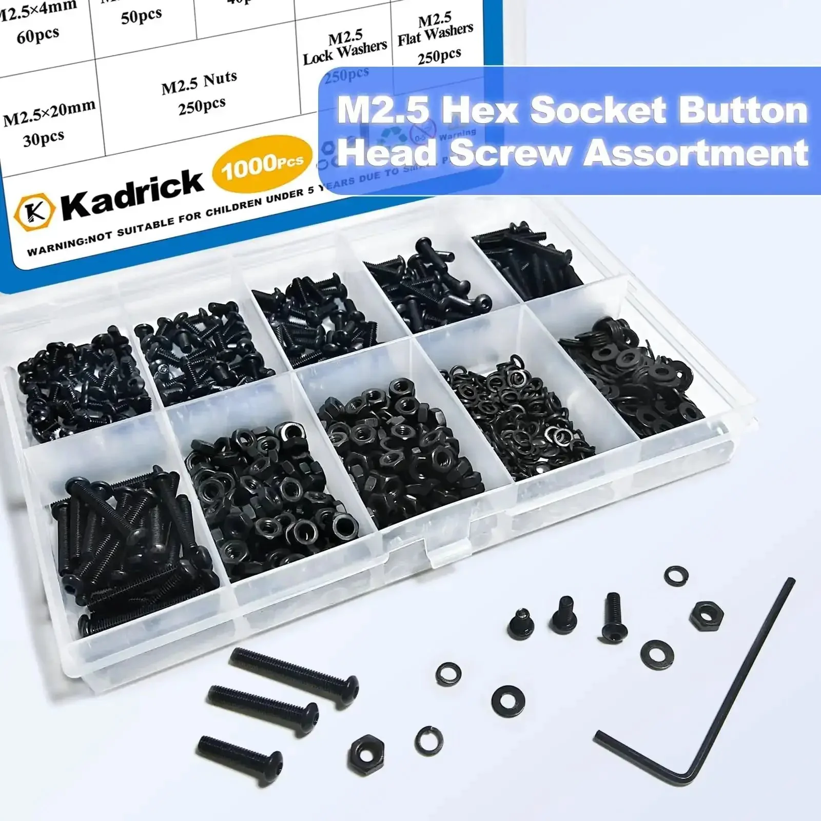 M2.5 Metric Screw and Washer Kit Set With Locking and Flat Washers 1000Pcs Grade 10.9 Alloy Steel Hex Socket Button Head Black Screws Nuts Bolts Beefed Up For DIY Projects And Quick Repairs - Image 6