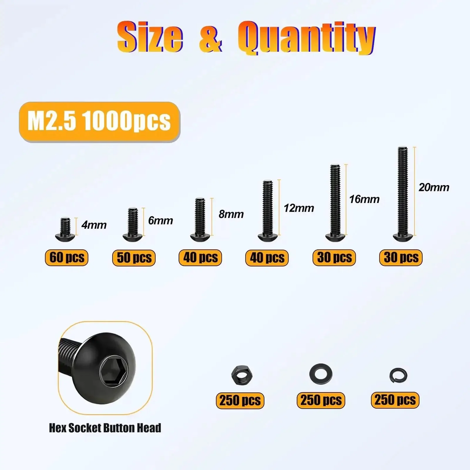 M2.5 Metric Screw and Washer Kit Set With Locking and Flat Washers 1000Pcs Grade 10.9 Alloy Steel Hex Socket Button Head Black Screws Nuts Bolts Beefed Up For DIY Projects And Quick Repairs - Image 8