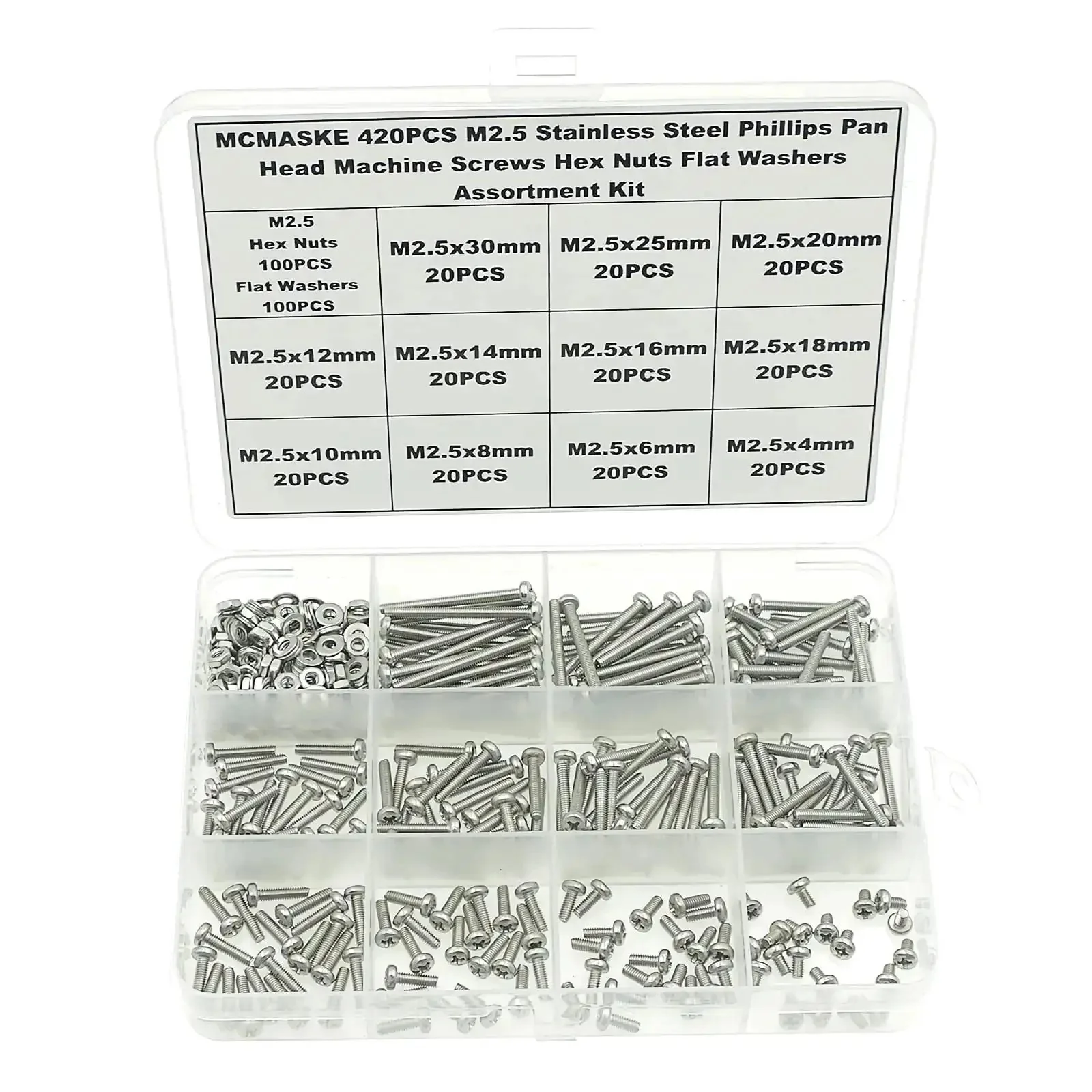 M2.5 Phillips Pan Head Machine Screws Nuts Flat Washers Kit in 304 Stainless Steel 420Pcs Set With Full Thread 4mm to 30mm Lengths For DIY Projects Electronics And Hobbies