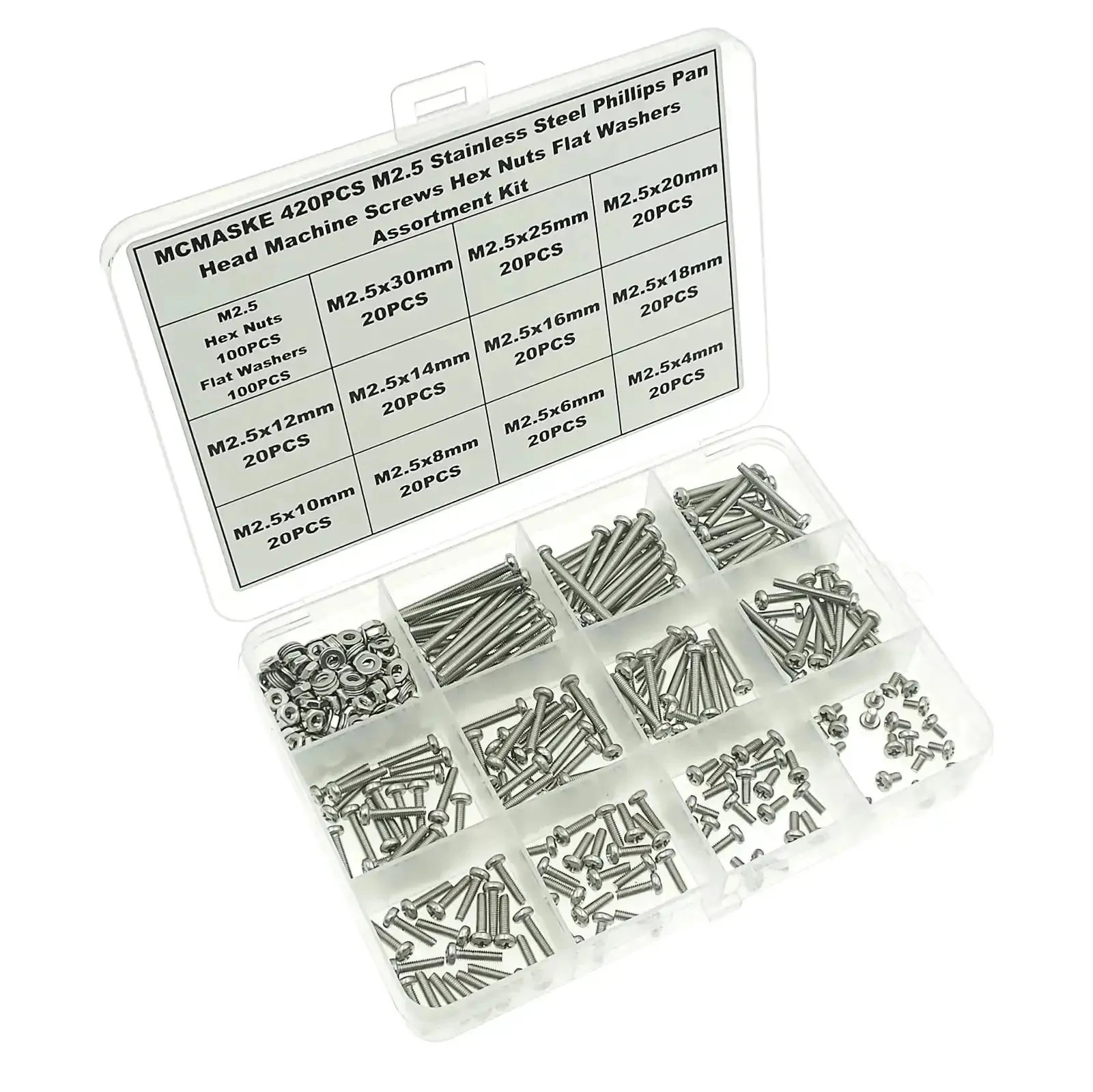 M2.5 Phillips Pan Head Machine Screws Nuts Flat Washers Kit in 304 Stainless Steel 420Pcs Set With Full Thread 4mm to 30mm Lengths For DIY Projects Electronics And Hobbies - Image 5