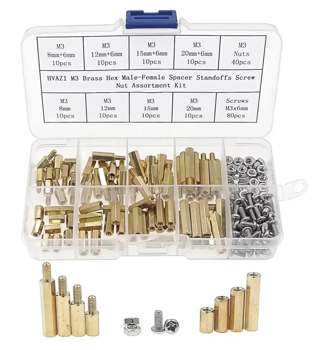M3 Brass Hex Spacer Standoff Kit With Male And Female Nuts And Screws 200 Piece Assortment In Plastic Box Includes 4.7mm Hex 6mm Male Length 8 To 20mm Female Lengths 0.5mm Thread Great For RC And DIY Projects