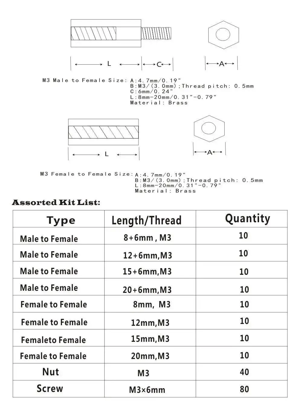 M3 Brass Hex Spacer Standoff Kit With Male And Female Nuts And Screws 200 Piece Assortment In Plastic Box Includes 4.7mm Hex 6mm Male Length 8 To 20mm Female Lengths 0.5mm Thread Great For RC And DIY Projects - Image 6