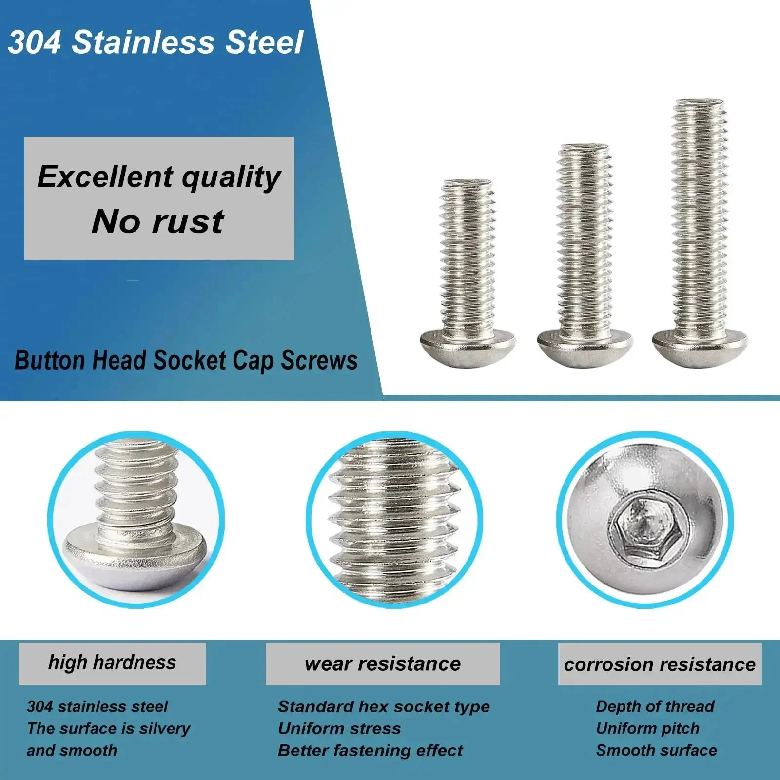 M3 Button Head Socket Cap Screws Kit 75Pcs 304 Stainless Steel Fully Threaded Hex Drive Bright Finish Assortment With 30mm, 35mm, 40mm, 45mm, 50mm Lengths For Machinery, Auto, Electronics Projects - Image 3