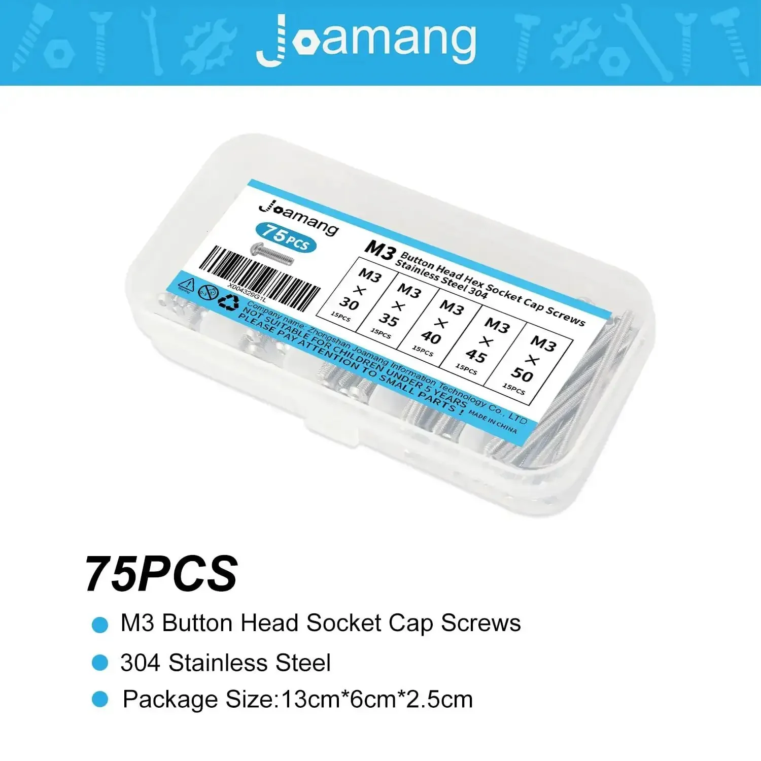 M3 Button Head Socket Cap Screws Kit 75Pcs 304 Stainless Steel Fully Threaded Hex Drive Bright Finish Assortment With 30mm, 35mm, 40mm, 45mm, 50mm Lengths For Machinery, Auto, Electronics Projects - Image 4