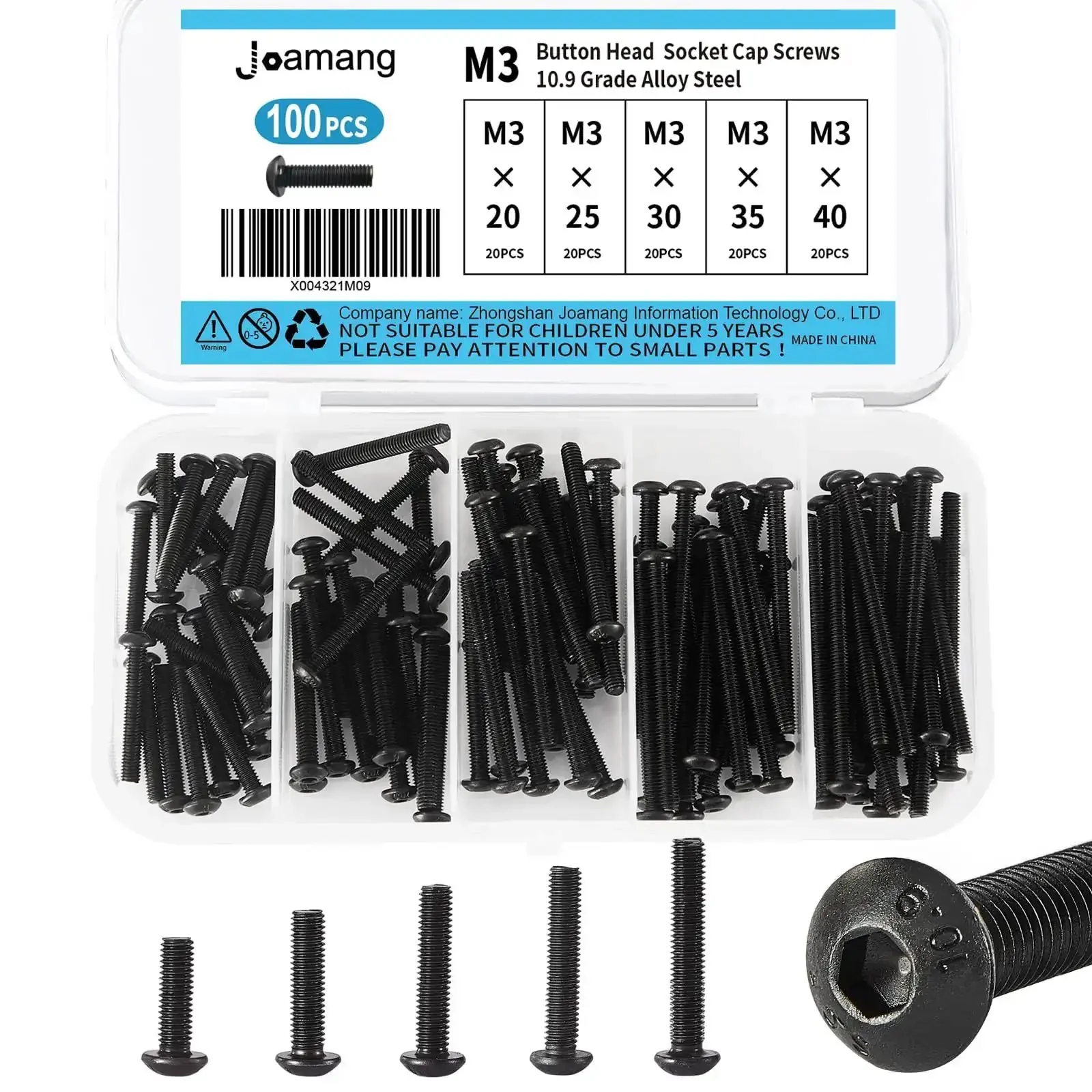 M3 Button Head Socket Cap Screws Set 20 25 30 35 40mm Fully Threaded 10.9 Grade Alloy Steel Black Oxide Finish With Metric Allen Hex Drive 100 Piece Assortment Kit