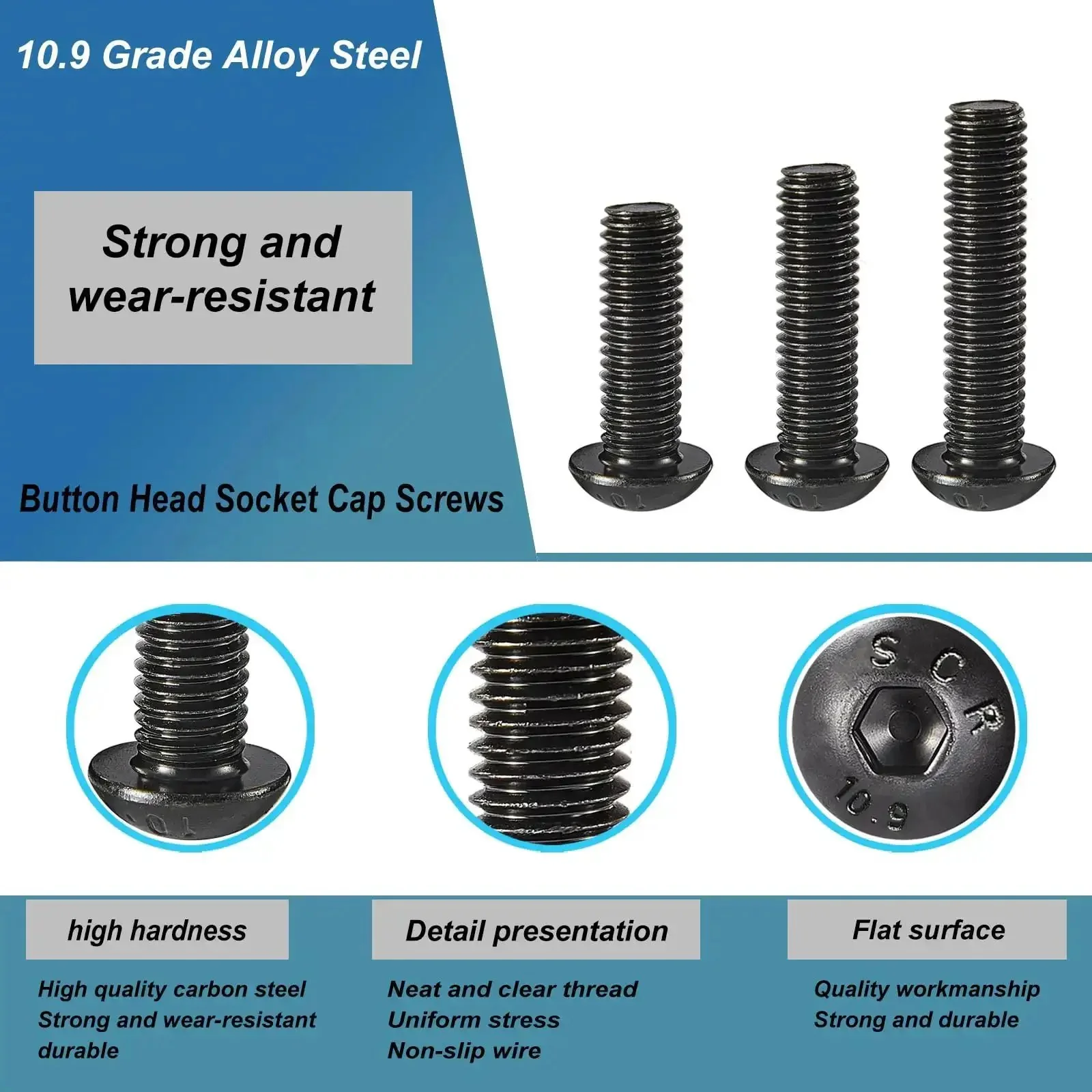 M3 Button Head Socket Cap Screws Set 20 25 30 35 40mm Fully Threaded 10.9 Grade Alloy Steel Black Oxide Finish With Metric Allen Hex Drive 100 Piece Assortment Kit - Image 3
