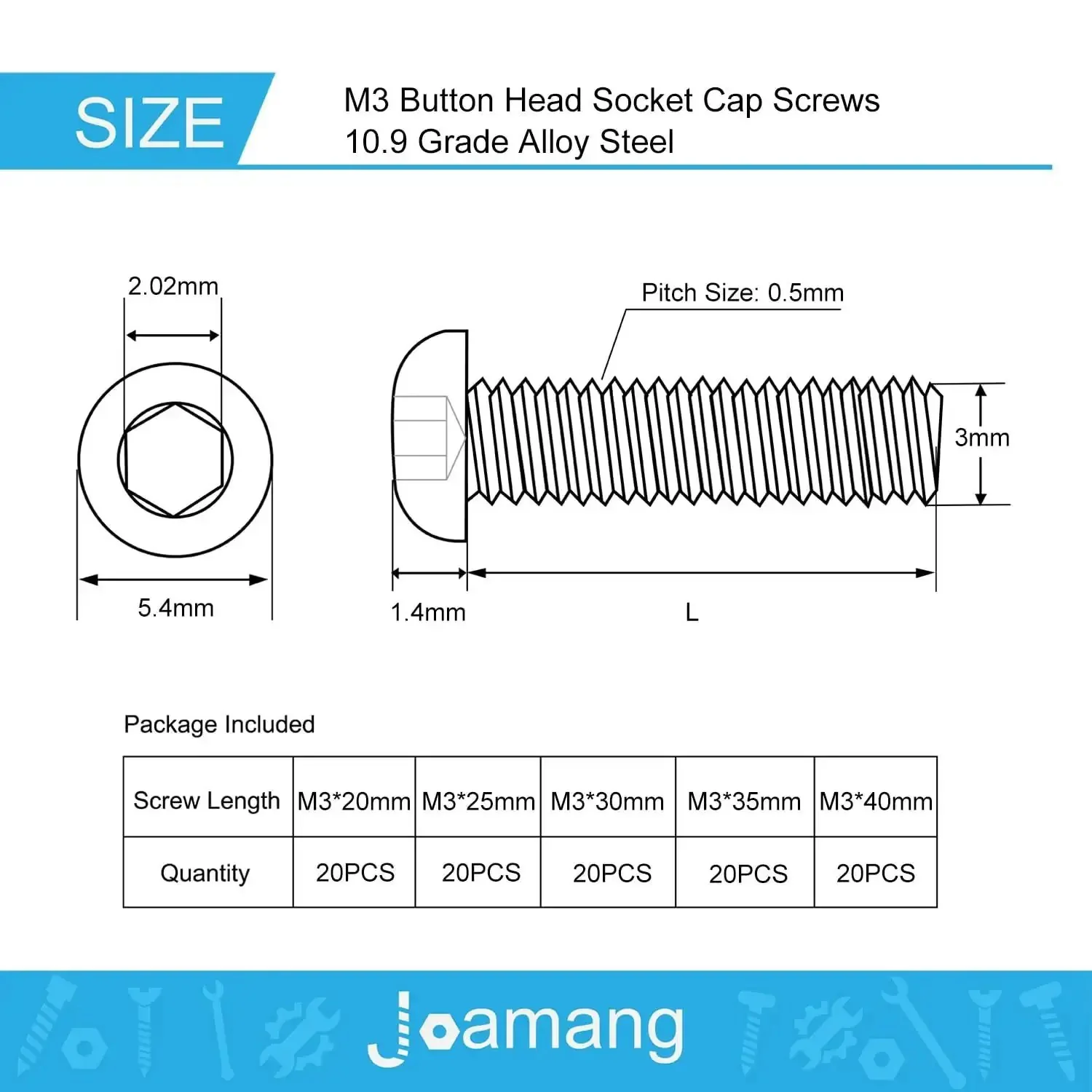 M3 Button Head Socket Cap Screws Set 20 25 30 35 40mm Fully Threaded 10.9 Grade Alloy Steel Black Oxide Finish With Metric Allen Hex Drive 100 Piece Assortment Kit - Image 6