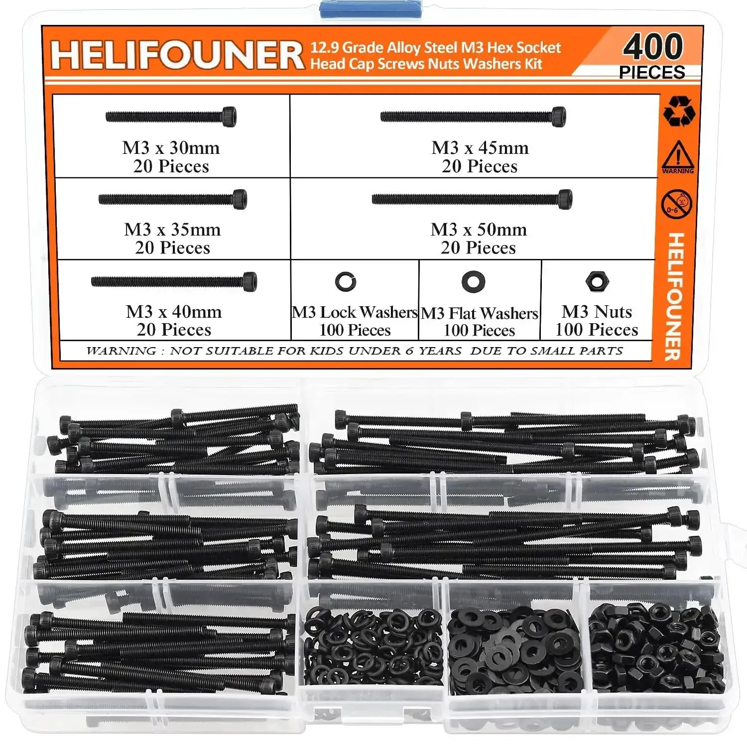 M3 Hex Socket Head Cap Screws Set With Nuts And Washers, 400 Piece Kit In 5 Lengths 30mm 35mm 40mm 45mm 50mm, 12.9 Grade Alloy Steel Black Oxide Finish, Fully Threaded Bolts