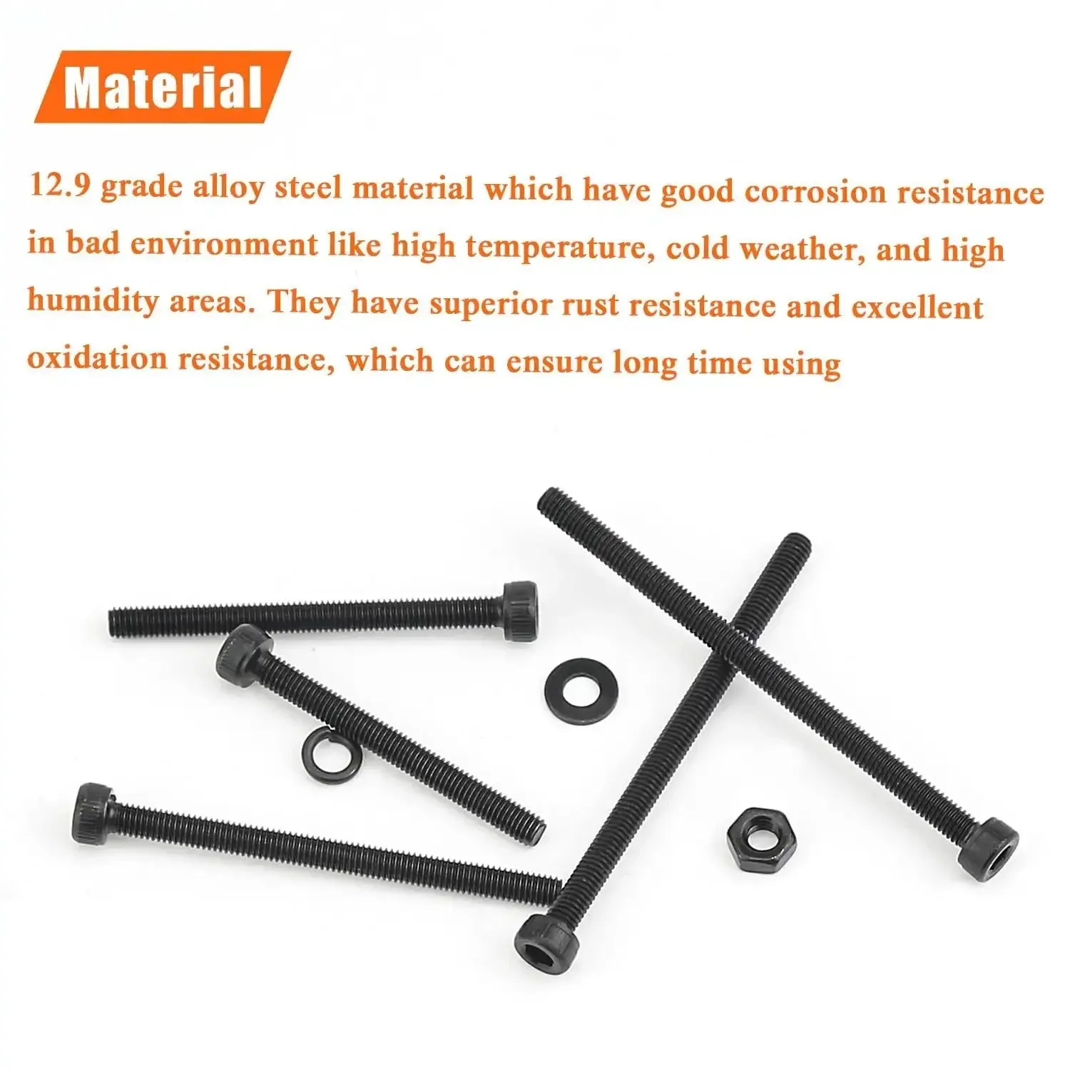M3 Hex Socket Head Cap Screws Set With Nuts And Washers, 400 Piece Kit In 5 Lengths 30mm 35mm 40mm 45mm 50mm, 12.9 Grade Alloy Steel Black Oxide Finish, Fully Threaded Bolts - Image 8