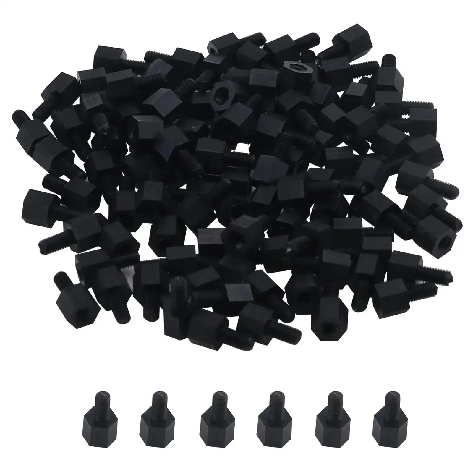 M3 Nylon Threaded Hex Nuts and Spacers Set, Male Female Standoff Pillars for PCB Mounting, 11mm Total Length, 6mm Male Thread, 5mm Pillar, Black, 100 Pack