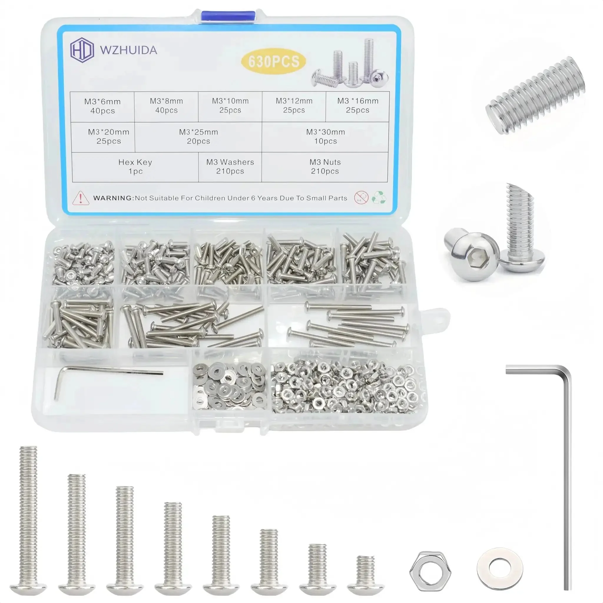 M3 Screws Assortment Kit 630 Pieces Dope All In One Hardware Kit With 210 Nuts And 210 Washers M3x6mm Through M3x30mm Hex Button Head Socket Cap Screws 304 Stainless Steel With Wrench