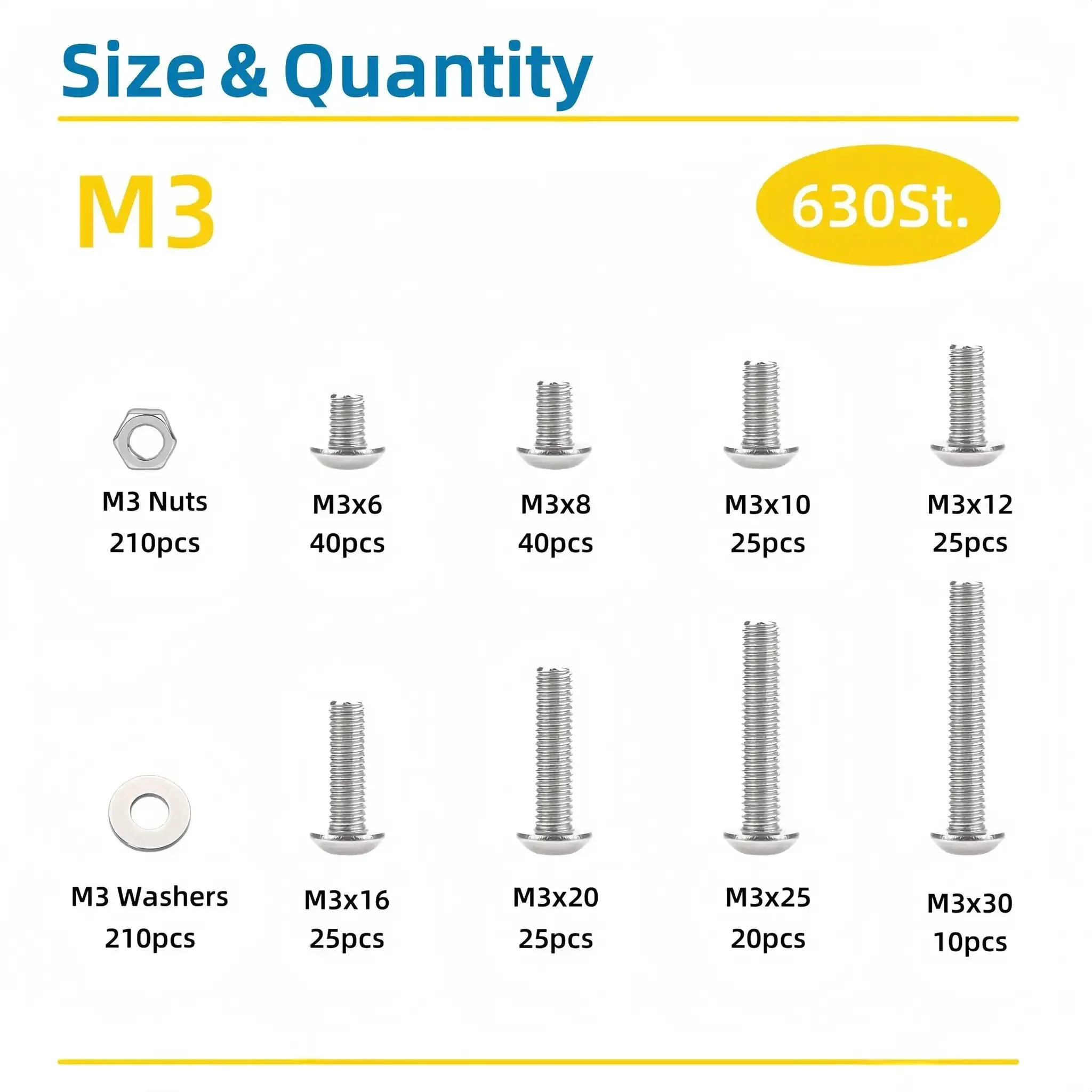 M3 Screws Assortment Kit 630 Pieces Dope All In One Hardware Kit With 210 Nuts And 210 Washers M3x6mm Through M3x30mm Hex Button Head Socket Cap Screws 304 Stainless Steel With Wrench - Image 7