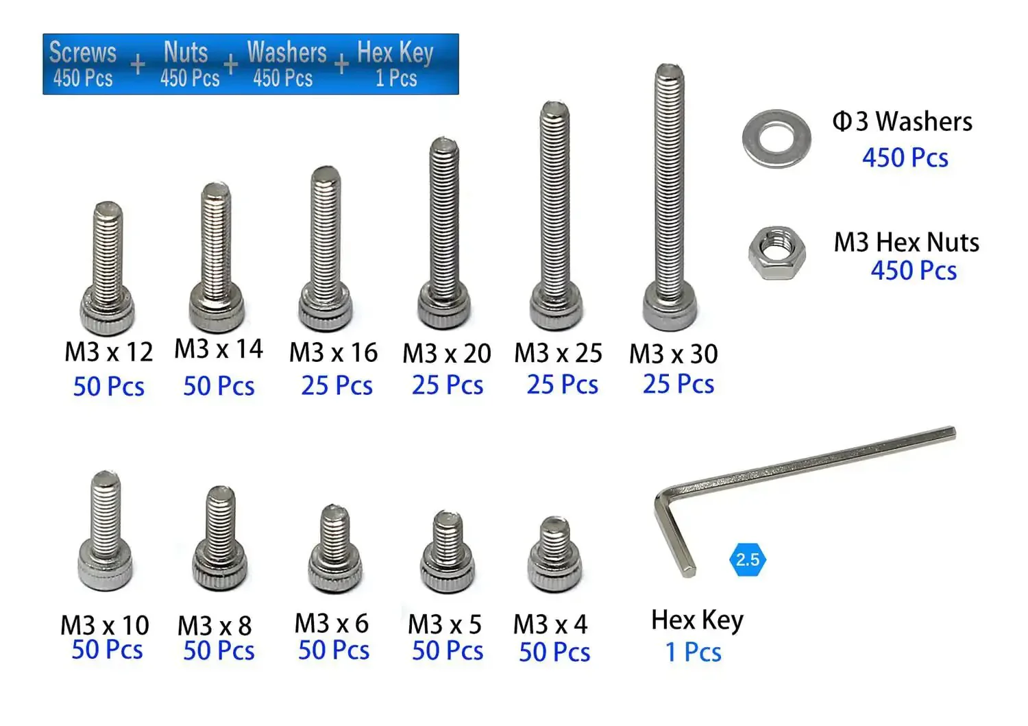 M3 Stainless Steel 304 Hex Socket Head Cap Screws Set Pro Grade 1350 Pcs With 12 Lengths From 4 To 30mm 0.5mm Pitch Includes Nuts And Washers Heavy Duty Fasteners Kit For DIY Projects - Image 5