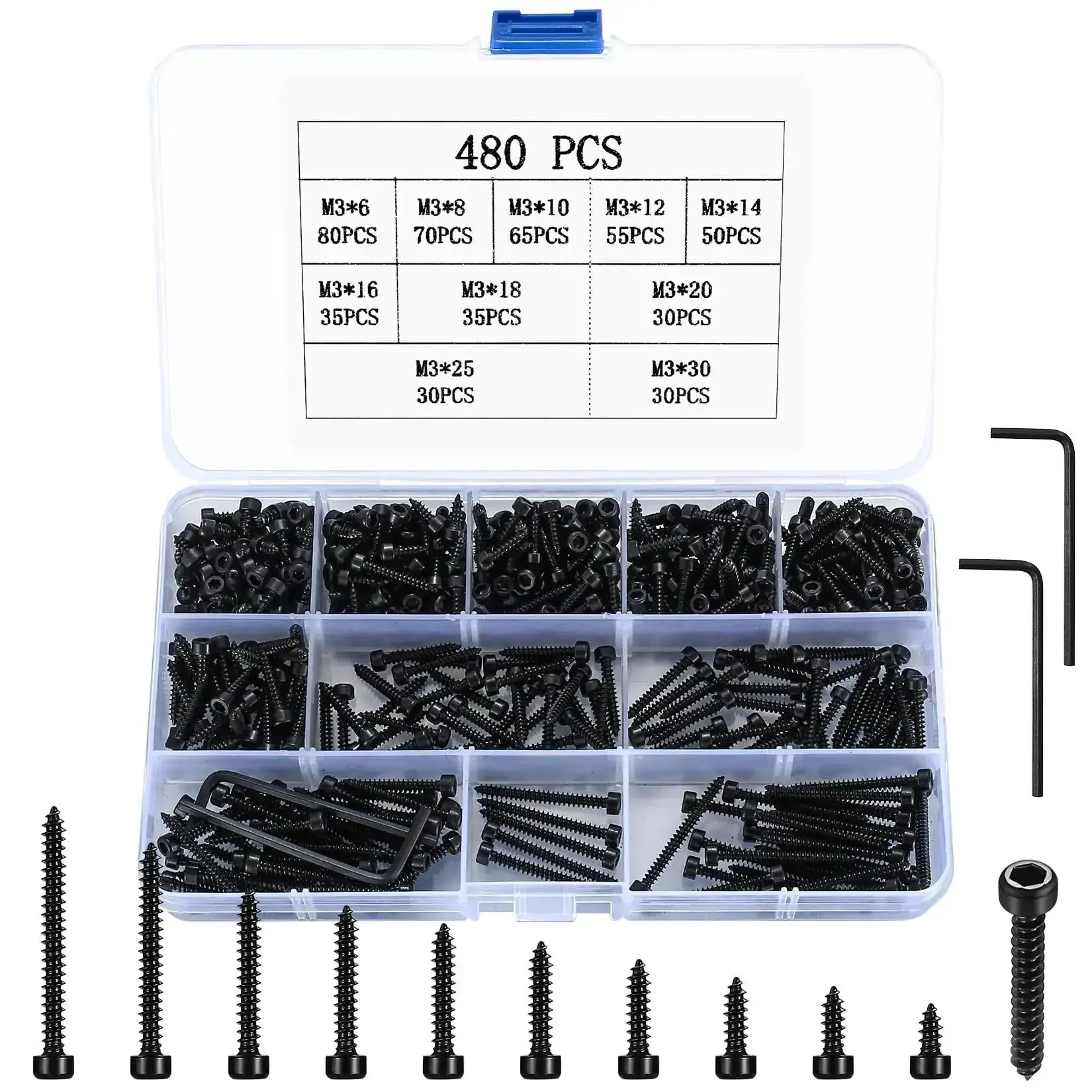 M3 Stainless Steel Hex Socket Cap Screws Kit 480 Pcs Self Tapping Wood Screws Assortment Set Hex Drive Cap Head Self Drilling Black Finish Pro Grade Heavy Duty Bulk Pack