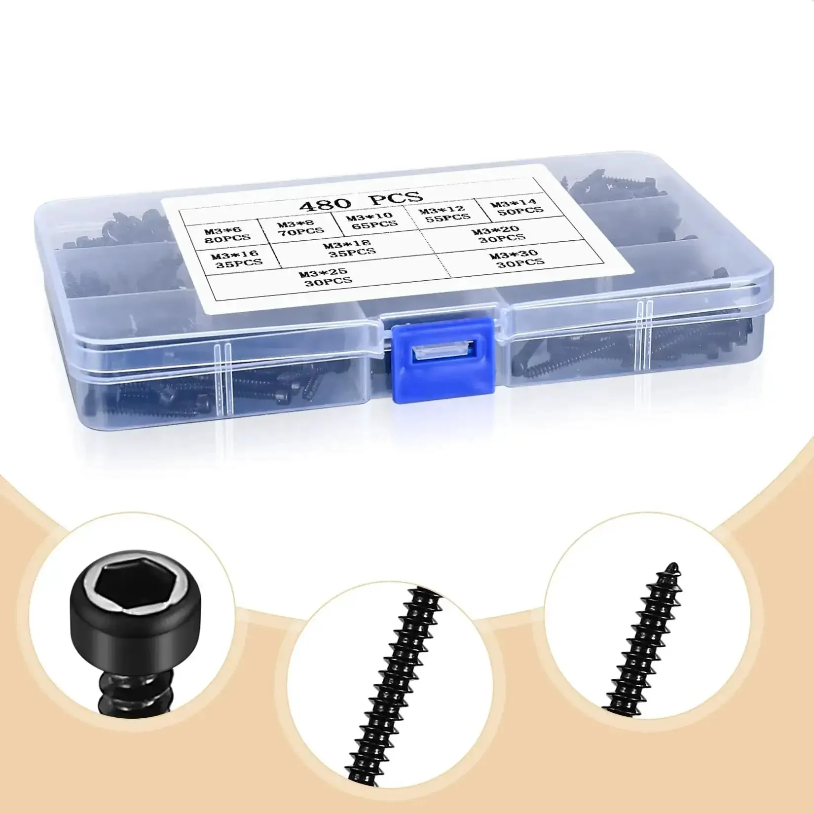 M3 Stainless Steel Hex Socket Cap Screws Kit 480 Pcs Self Tapping Wood Screws Assortment Set Hex Drive Cap Head Self Drilling Black Finish Pro Grade Heavy Duty Bulk Pack - Image 6
