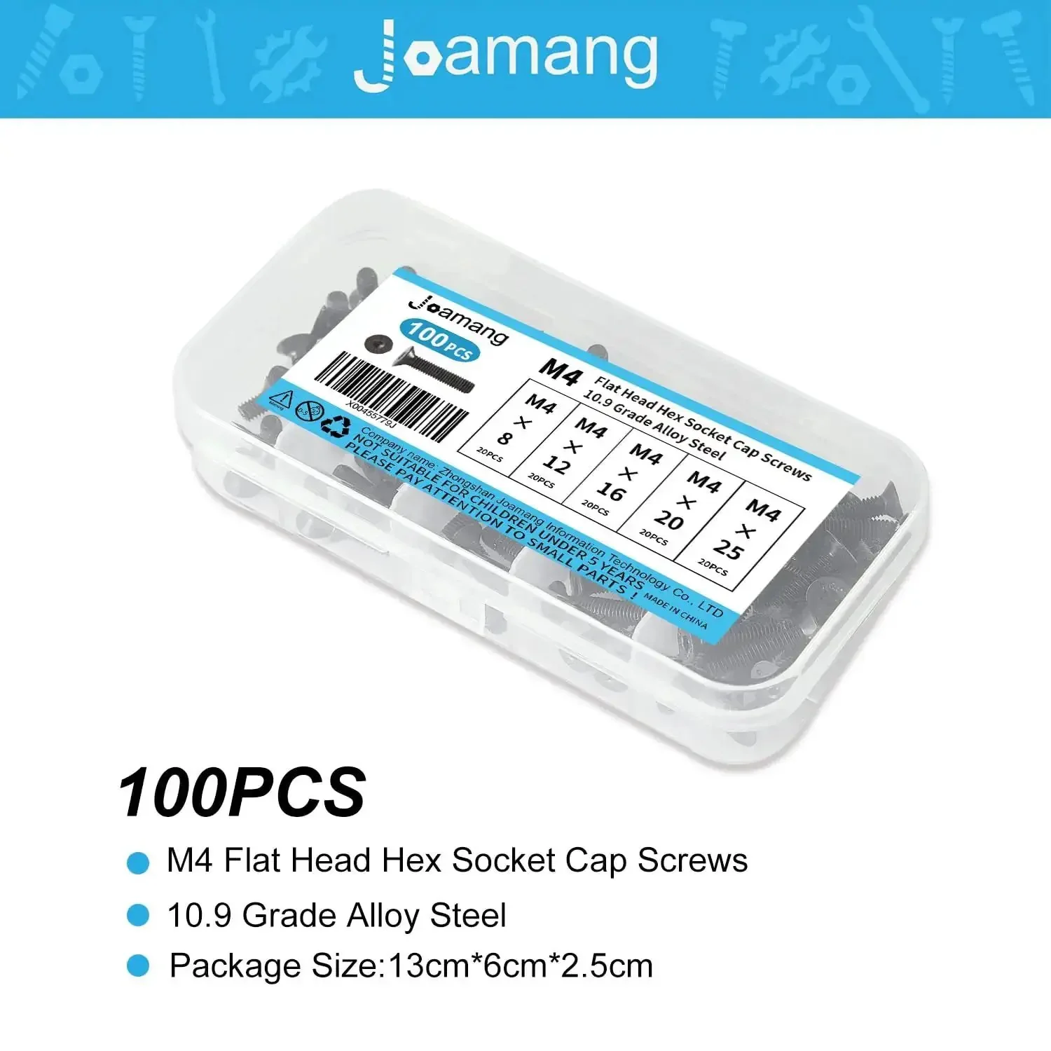 M4 Flat Head Hex Socket Cap Screws Set Includes 8Mm 12Mm 16Mm 20Mm 25Mm Lengths, Built Tough 100Pcs, 10.9 Grade Alloy Steel, Black Oxide Finish, Fully Threaded, Metric Allen Hex Drive, Countersunk Bolts Assortment Kit - Image 5