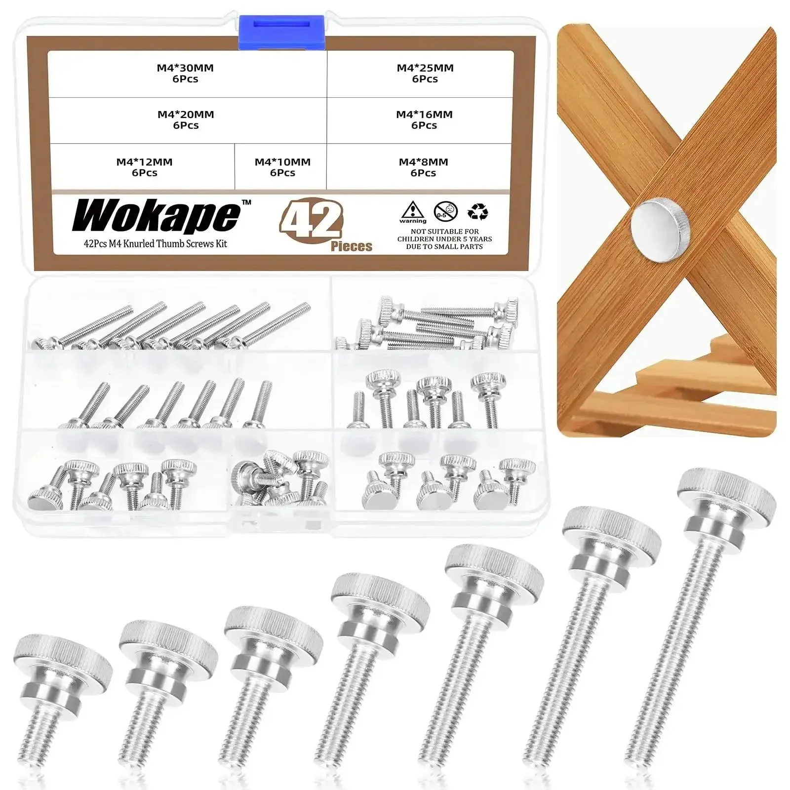 M4 Knurled Thumb Screw Set, 42 Piece Assortment With 8, 10, 12, 16, 20, 25, 30mm Sizes, Nickel Plated Iron, Flat Knurled Head, Fully Threaded Bolts, Grip Knobs Fasteners For DIYers, Machining, Electronics And Projects