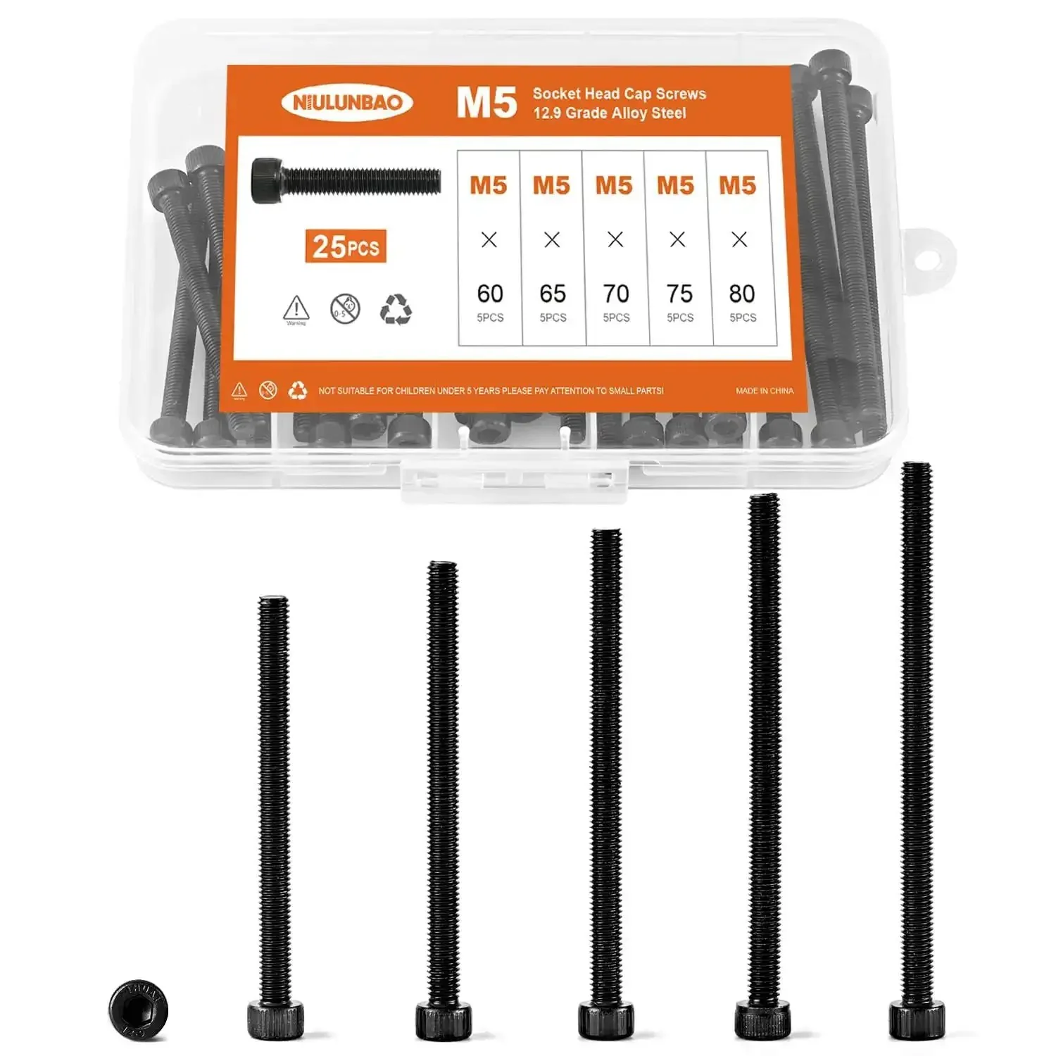M5 Hex Socket Head Cap Screws Set Heavy Duty 60 65 70 75 80mm Fully Threaded 12.9 Grade Alloy Steel Black Oxide Finish Allen Drive Metric Machine Screws Assortment Kit 25Pcs High Strength Industrial Grade