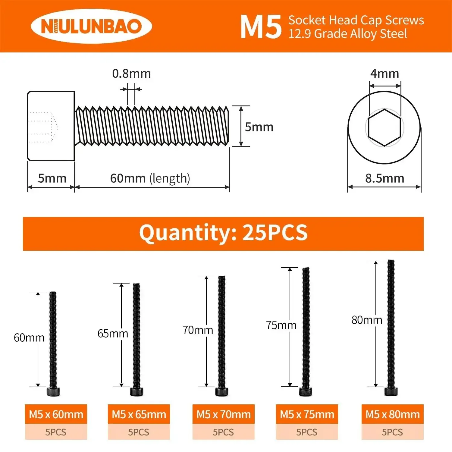 M5 Hex Socket Head Cap Screws Set Heavy Duty 60 65 70 75 80mm Fully Threaded 12.9 Grade Alloy Steel Black Oxide Finish Allen Drive Metric Machine Screws Assortment Kit 25Pcs High Strength Industrial Grade - Image 9