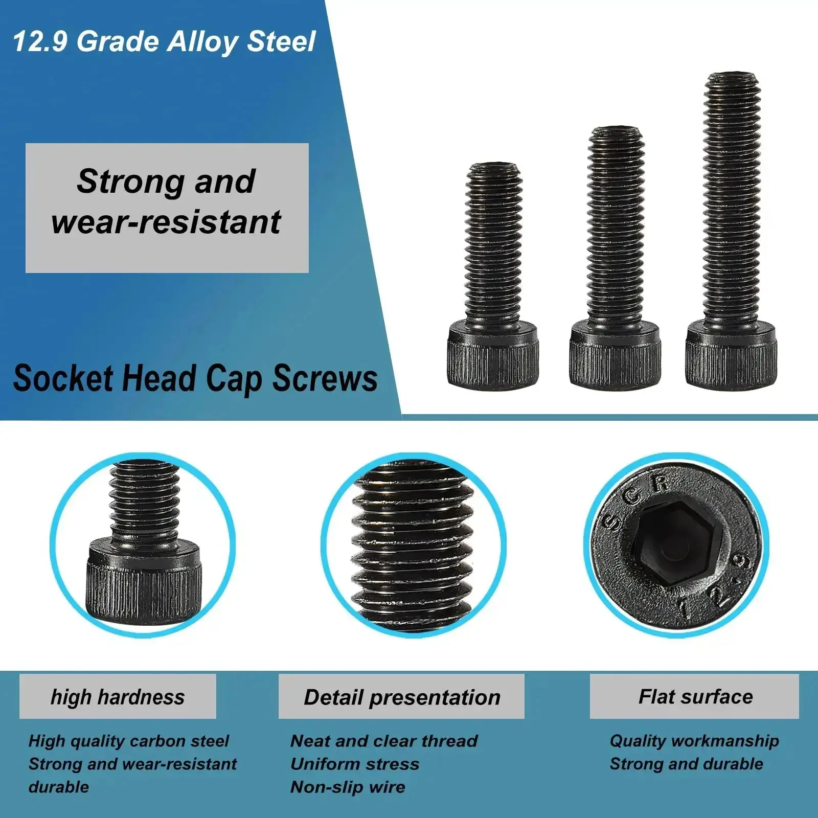 M5 Hex Socket Head Cap Screws Set With 20mm, 25mm, 30mm, 35mm, 40mm Lengths, 12.9 Grade Alloy Steel, Black Oxide Finish, Metric Allen Drive, Fully Threaded, Built Tough Assortment Kit 50 Pieces - Image 6