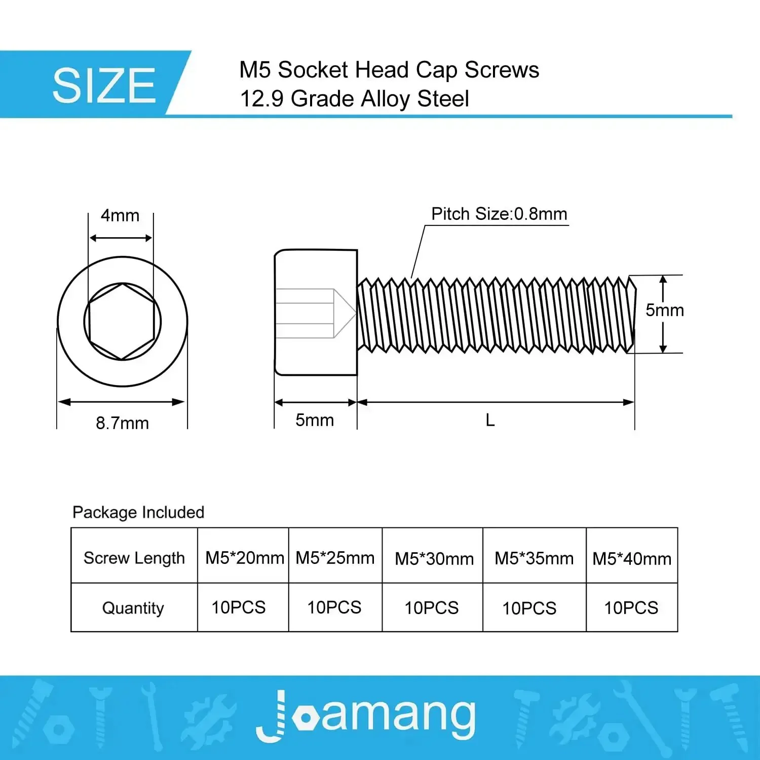 M5 Hex Socket Head Cap Screws Set With 20mm, 25mm, 30mm, 35mm, 40mm Lengths, 12.9 Grade Alloy Steel, Black Oxide Finish, Metric Allen Drive, Fully Threaded, Built Tough Assortment Kit 50 Pieces - Image 7