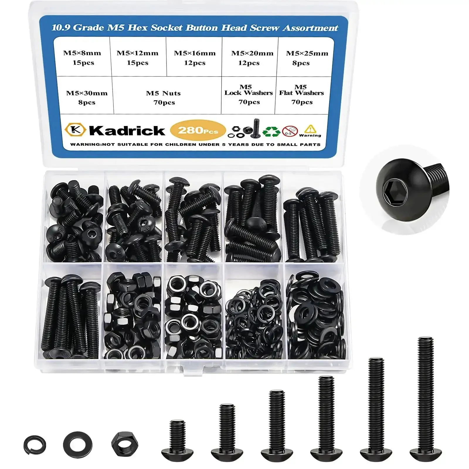 M5 Screw Kit 280Pcs With Nuts Lock Washers Flat Washers Grade 10.9 Alloy Steel Hex Socket Button Head Black Screws Bolts Set For DIY Projects Great For Home Automotive And Electronics Projects
