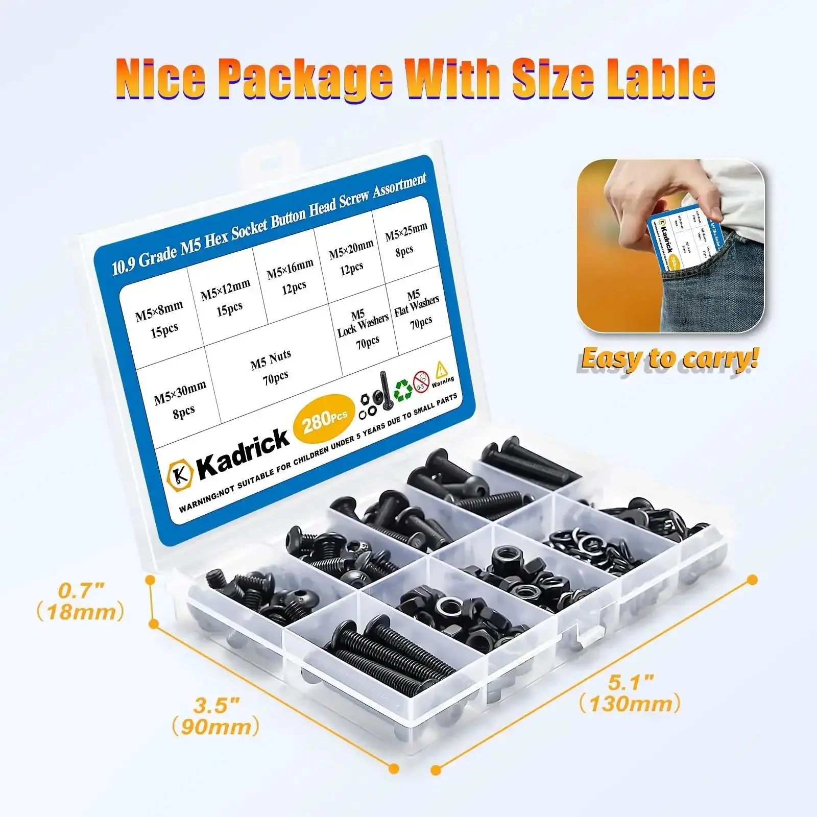 M5 Screw Kit 280Pcs With Nuts Lock Washers Flat Washers Grade 10.9 Alloy Steel Hex Socket Button Head Black Screws Bolts Set For DIY Projects Great For Home Automotive And Electronics Projects - Image 6