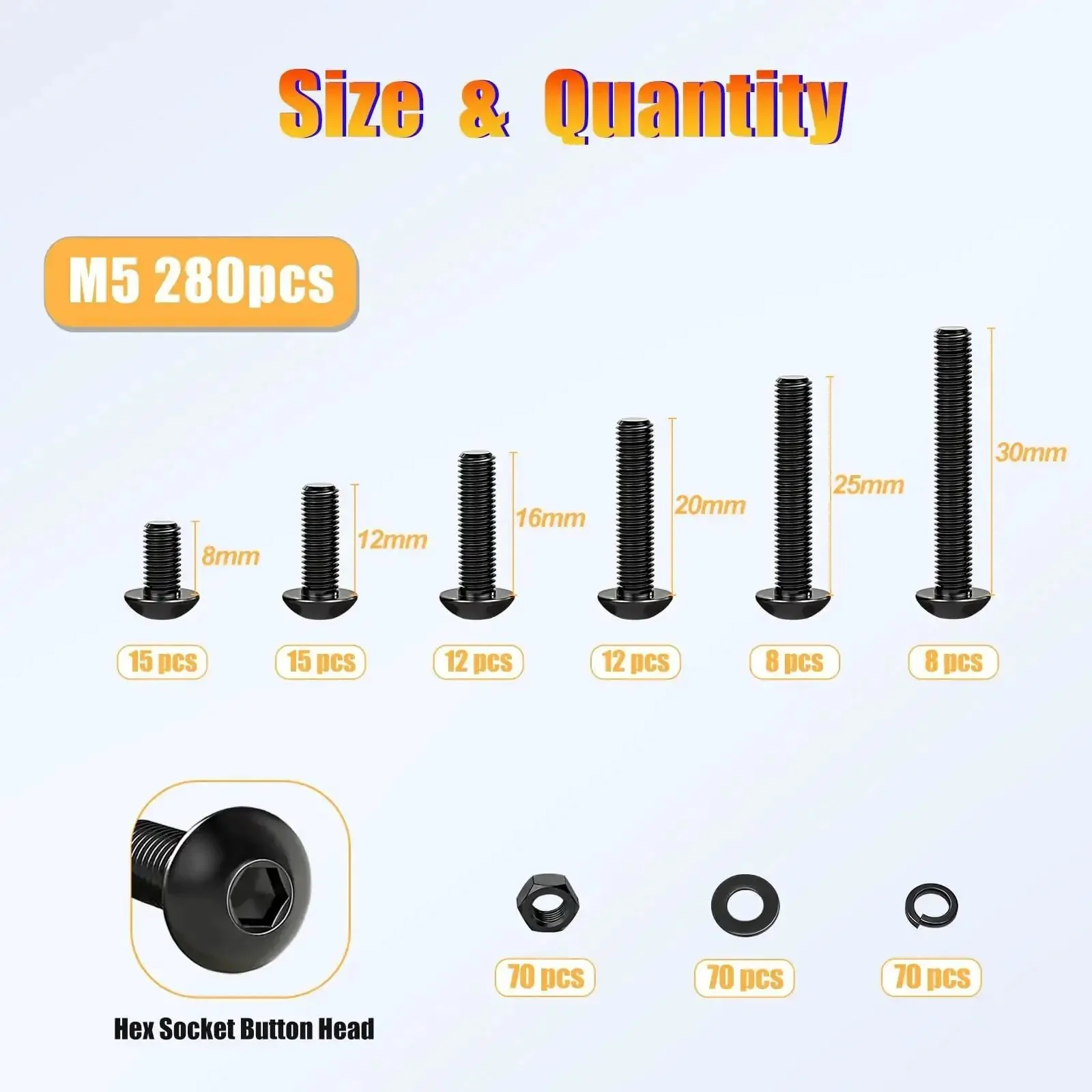 M5 Screw Kit 280Pcs With Nuts Lock Washers Flat Washers Grade 10.9 Alloy Steel Hex Socket Button Head Black Screws Bolts Set For DIY Projects Great For Home Automotive And Electronics Projects - Image 7