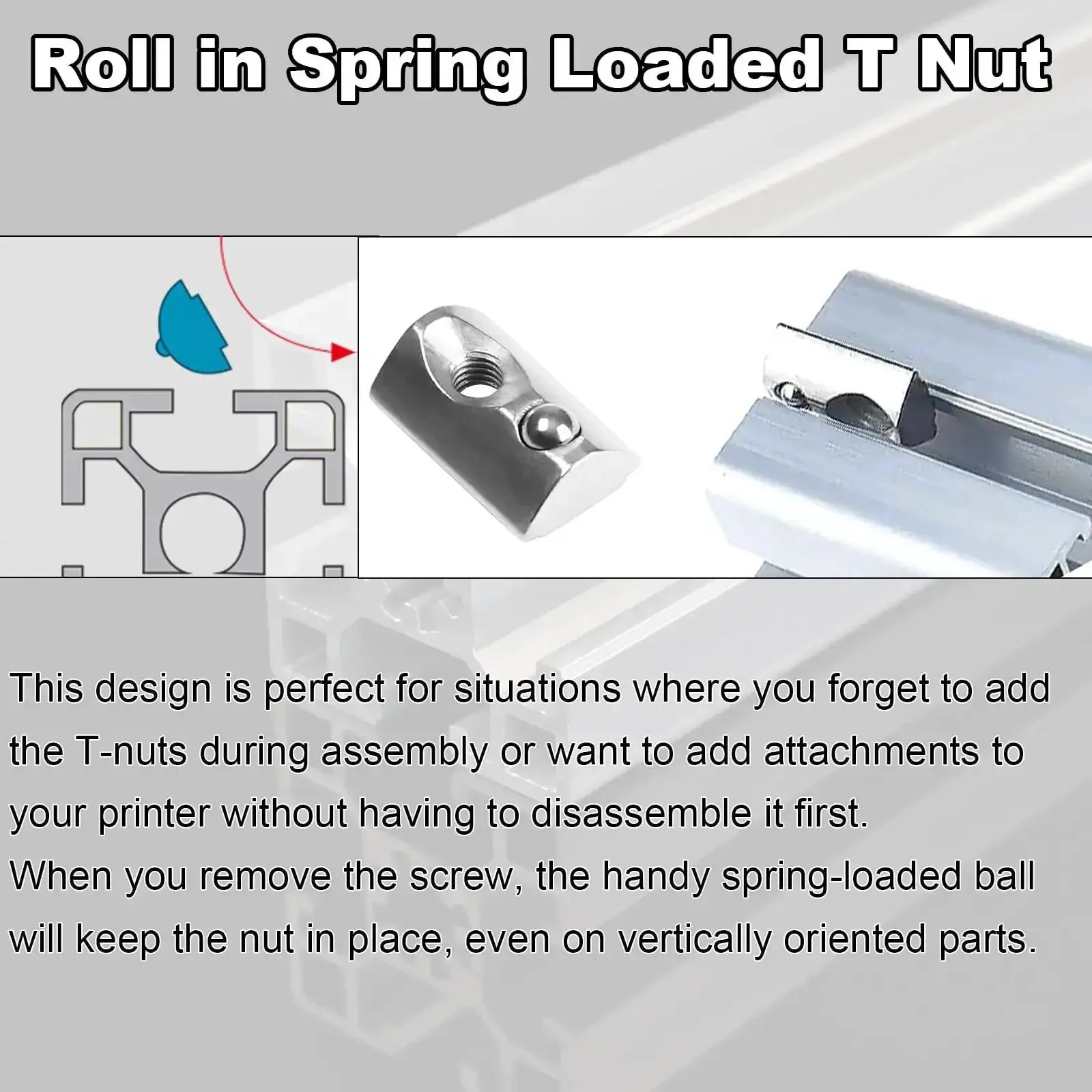 M5 Spring Loaded T Nut 70 Pcs M5x0.8mm Half Round Roll In T Nuts Carbon Steel Nickel Plated For 20x20 Aluminum Extrusions 20 Series 3D Printer Replacement Tiny Nuts Durable Fastening Kit - Image 3
