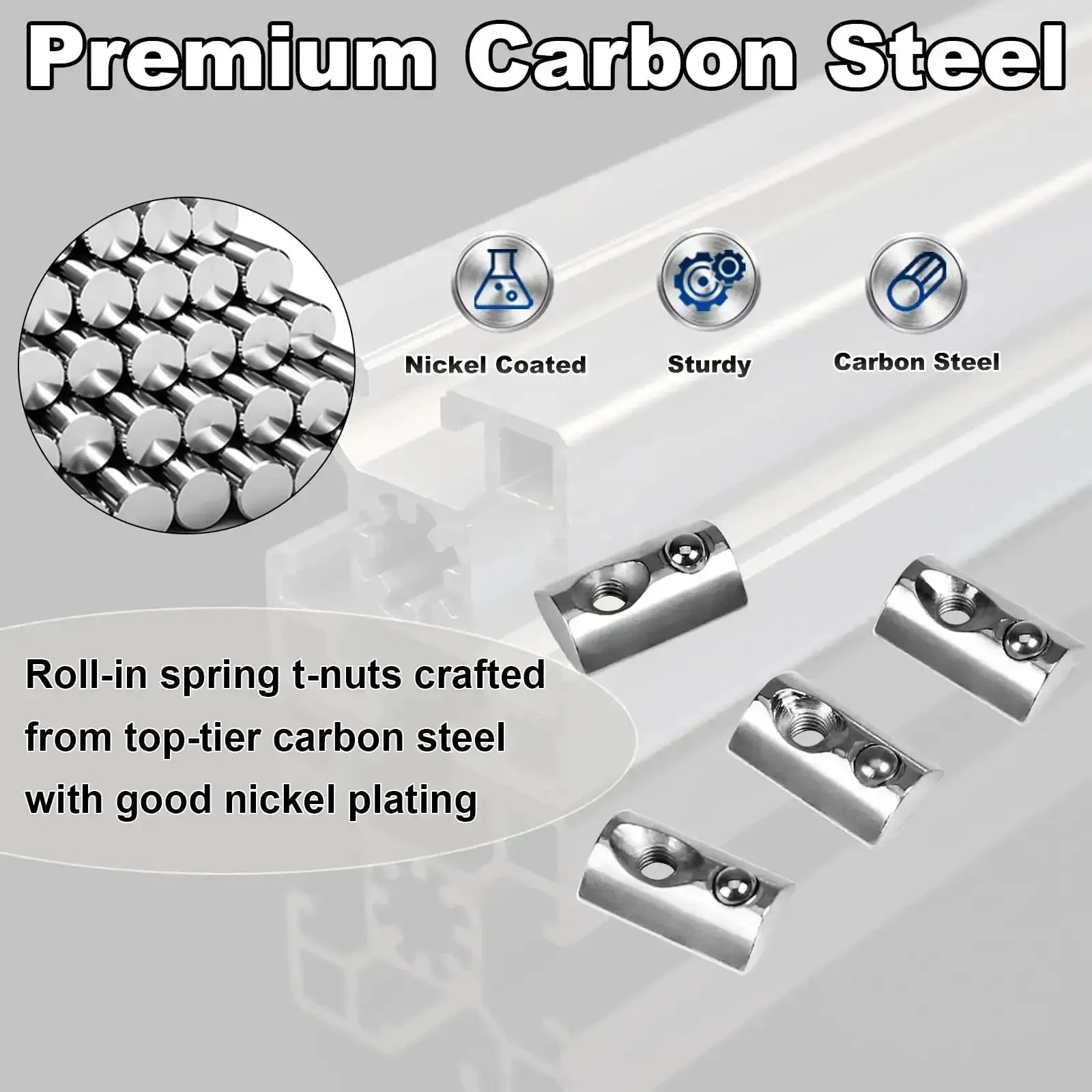 M5 Spring Loaded T Nut 70 Pcs M5x0.8mm Half Round Roll In T Nuts Carbon Steel Nickel Plated For 20x20 Aluminum Extrusions 20 Series 3D Printer Replacement Tiny Nuts Durable Fastening Kit - Image 4