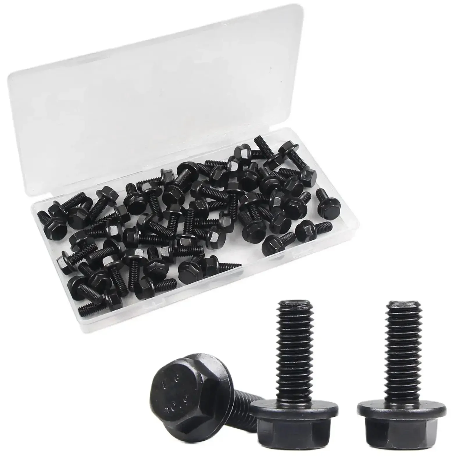 M6 Flanged Hex Bolts 1.0 x 16mm With External Flange Hex Drive Heavy Duty Alloy Steel Class 10.9 Black Oxide Finish Fully Threaded Rust Resistant Fasteners For Machinery Auto Projects 50 Pack