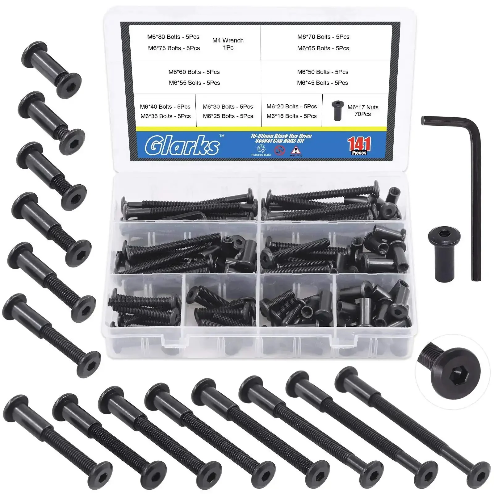 M6 Hex Socket Cap Bolts Kit With 16 To 80mm Sizes 141Pcs Black Countersunk Furniture Hardware Set Including Barrel Nuts And Allen Wrench For Chairs Tables Cabinets Durable And Built To Last