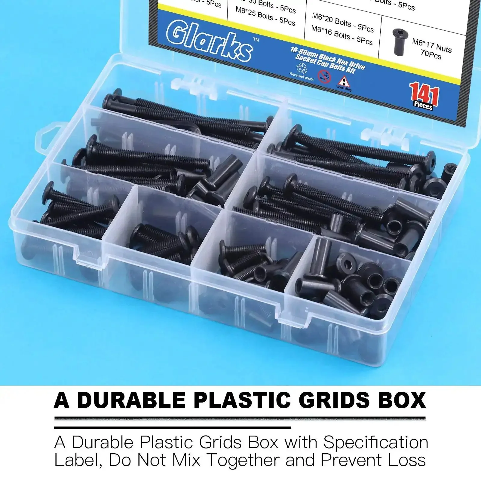 M6 Hex Socket Cap Bolts Kit With 16 To 80mm Sizes 141Pcs Black Countersunk Furniture Hardware Set Including Barrel Nuts And Allen Wrench For Chairs Tables Cabinets Durable And Built To Last - Image 2