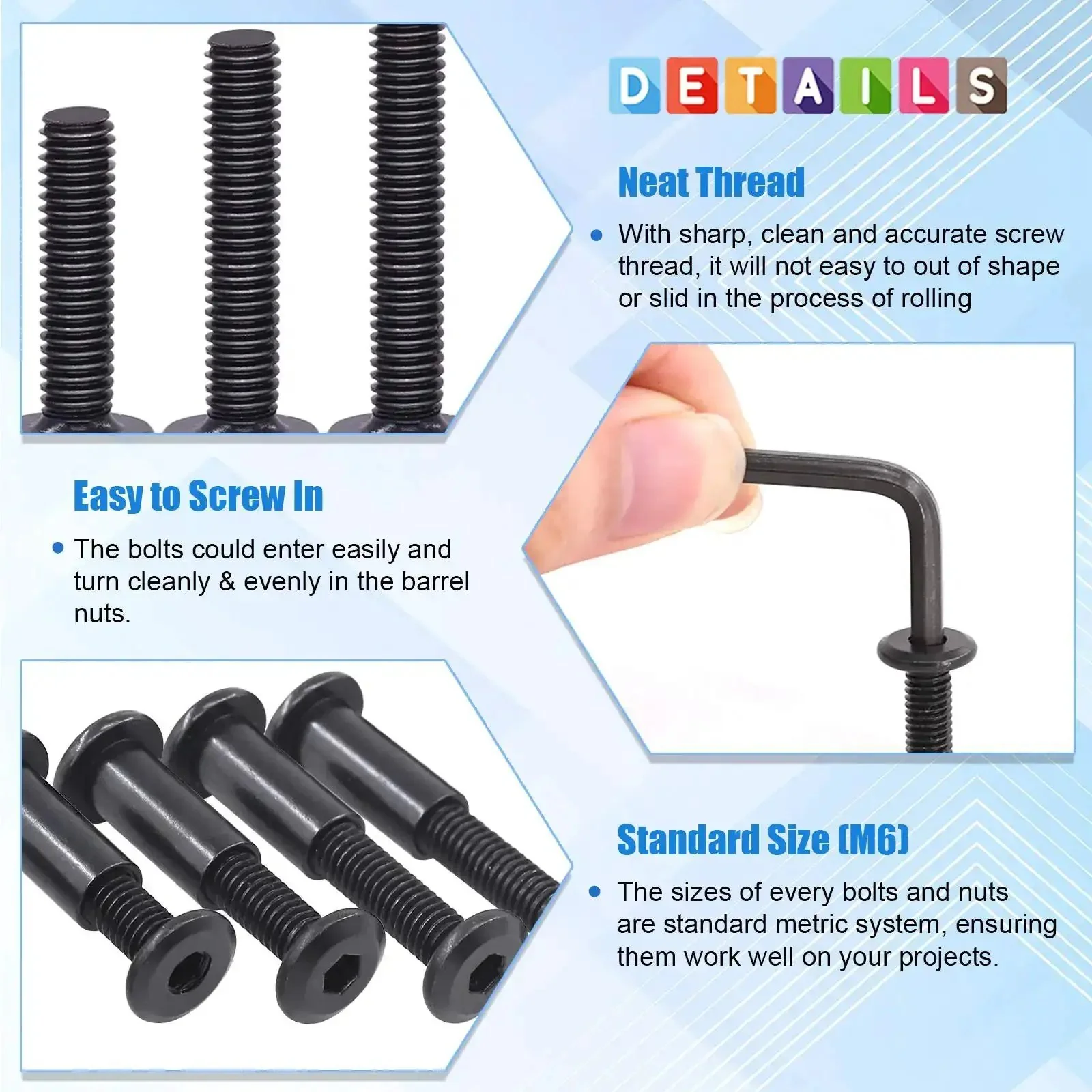 M6 Hex Socket Cap Bolts Kit With 16 To 80mm Sizes 141Pcs Black Countersunk Furniture Hardware Set Including Barrel Nuts And Allen Wrench For Chairs Tables Cabinets Durable And Built To Last - Image 5
