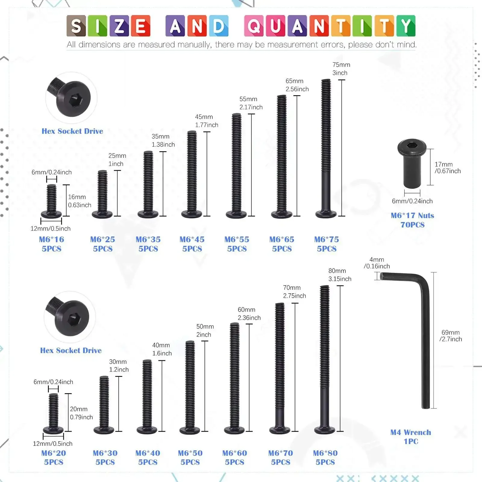 M6 Hex Socket Cap Bolts Kit With 16 To 80mm Sizes 141Pcs Black Countersunk Furniture Hardware Set Including Barrel Nuts And Allen Wrench For Chairs Tables Cabinets Durable And Built To Last - Image 7