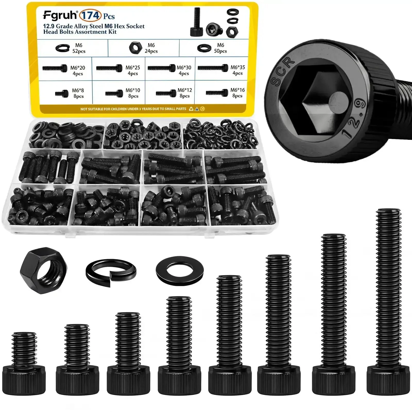 M6 Screws With Nuts And Washers Kit For DIY Projects, Hex Socket Head Bolts In 8, 10, 12, 16, 20, 25, 30, 35 Mm With Nuts And Washers, 12.9 Alloy Steel, Black Zinc Plated Anti Rust Hardware Set, Great For 3D Printing Electronics RC And CNC