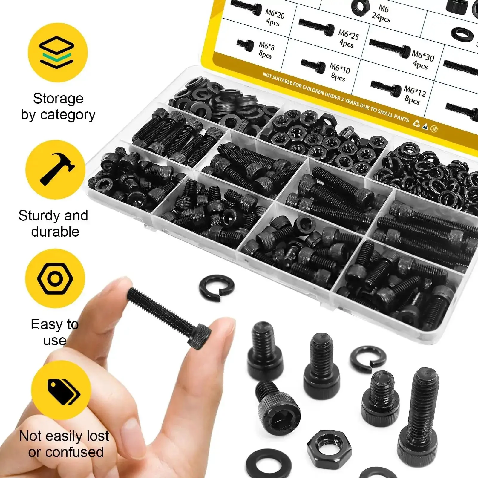 M6 Screws With Nuts And Washers Kit For DIY Projects, Hex Socket Head Bolts In 8, 10, 12, 16, 20, 25, 30, 35 Mm With Nuts And Washers, 12.9 Alloy Steel, Black Zinc Plated Anti Rust Hardware Set, Great For 3D Printing Electronics RC And CNC - Image 5