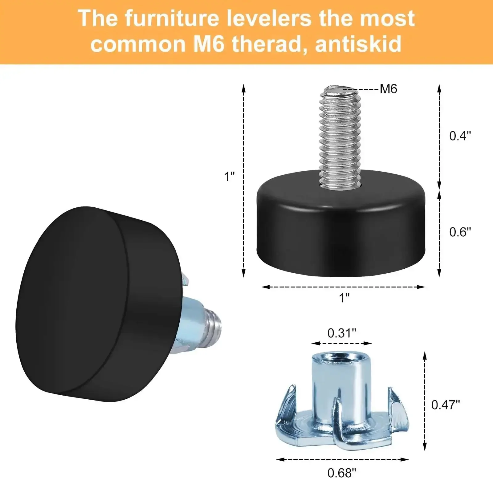 M6 Thread Furniture Feet Levelers 8 Pieces Anti Slip Adjustable Leveling Feet Screws For Tables Chairs Stools And Other Furniture Legs, No Brainer Install, Galvanized Steel With Black Rubber Non Slip Base - Image 6