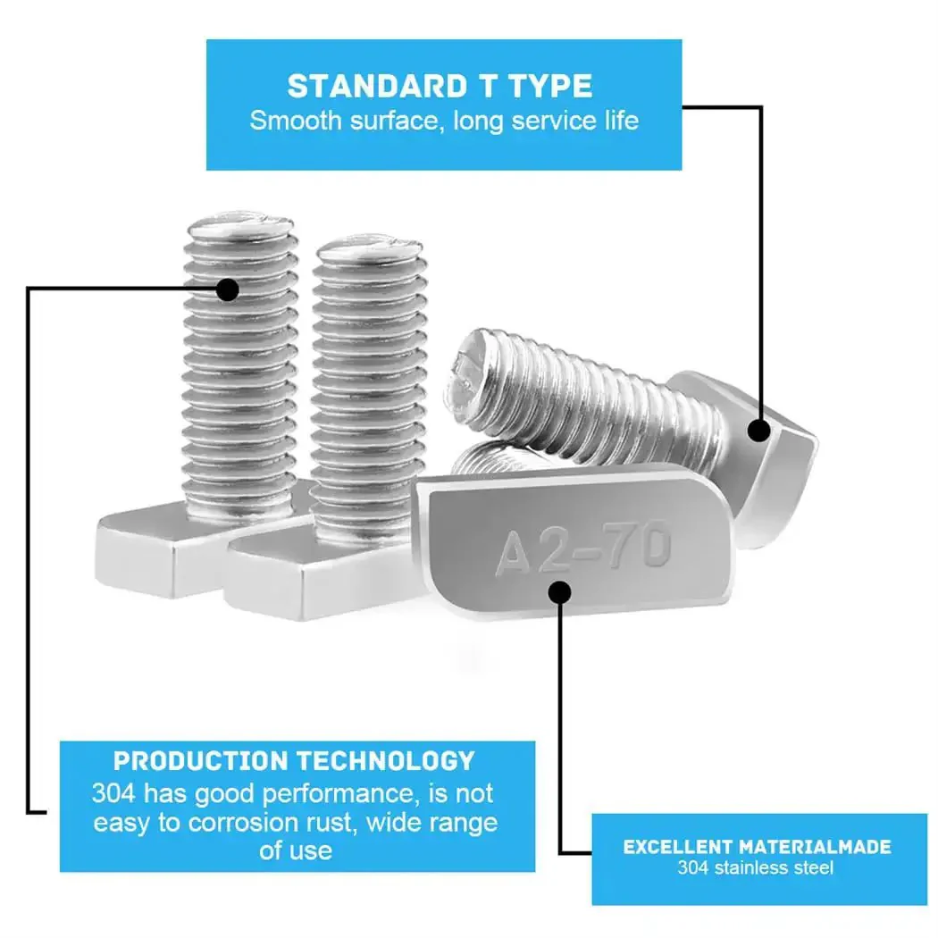 M8x20mm T Slot Drop In Bolt Set With Hammer Head Screws And Flange Nuts For Aluminum Extrusion Profiles Solar Mounting Silver Premium Heavy Duty A2 70 Stainless Steel Nickel Plated Rust Resistant 10 Pcs Screws And 10 Pcs Nuts - Image 5