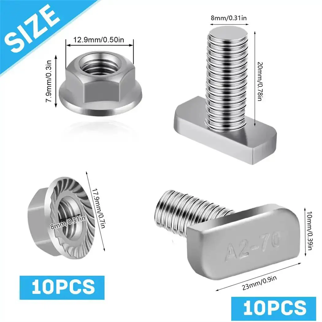 M8x20mm T Slot Drop In Bolt Set With Hammer Head Screws And Flange Nuts For Aluminum Extrusion Profiles Solar Mounting Silver Premium Heavy Duty A2 70 Stainless Steel Nickel Plated Rust Resistant 10 Pcs Screws And 10 Pcs Nuts - Image 7