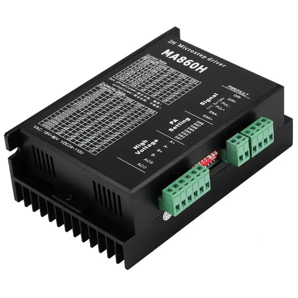 MA860H 200KHz Stepper Motor Driver Microstep Controller Module For 2 Phase 86 Motors Built For Easy Plug And Play Setup With Auto Adjustment TTL Compatible Optical Isolation Wide 18 To 80V AC Or 24 To 110V Power 7A Peak Protection
